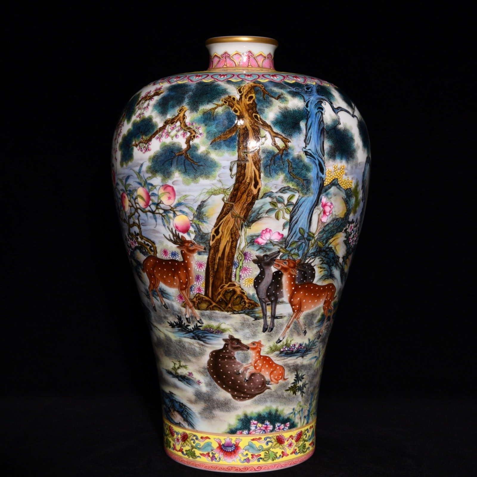 A Rare Famille-Rose Pine and Deer Pattern Vase,with poem: A Rare Famille-Rose Pine and Deer Pattern Vase,with poem,Qing Dynasty,China,Yongzheng Six-character Mark,Size:15inx9.1in 粉彩松鹿纹瓶,带诗文,È