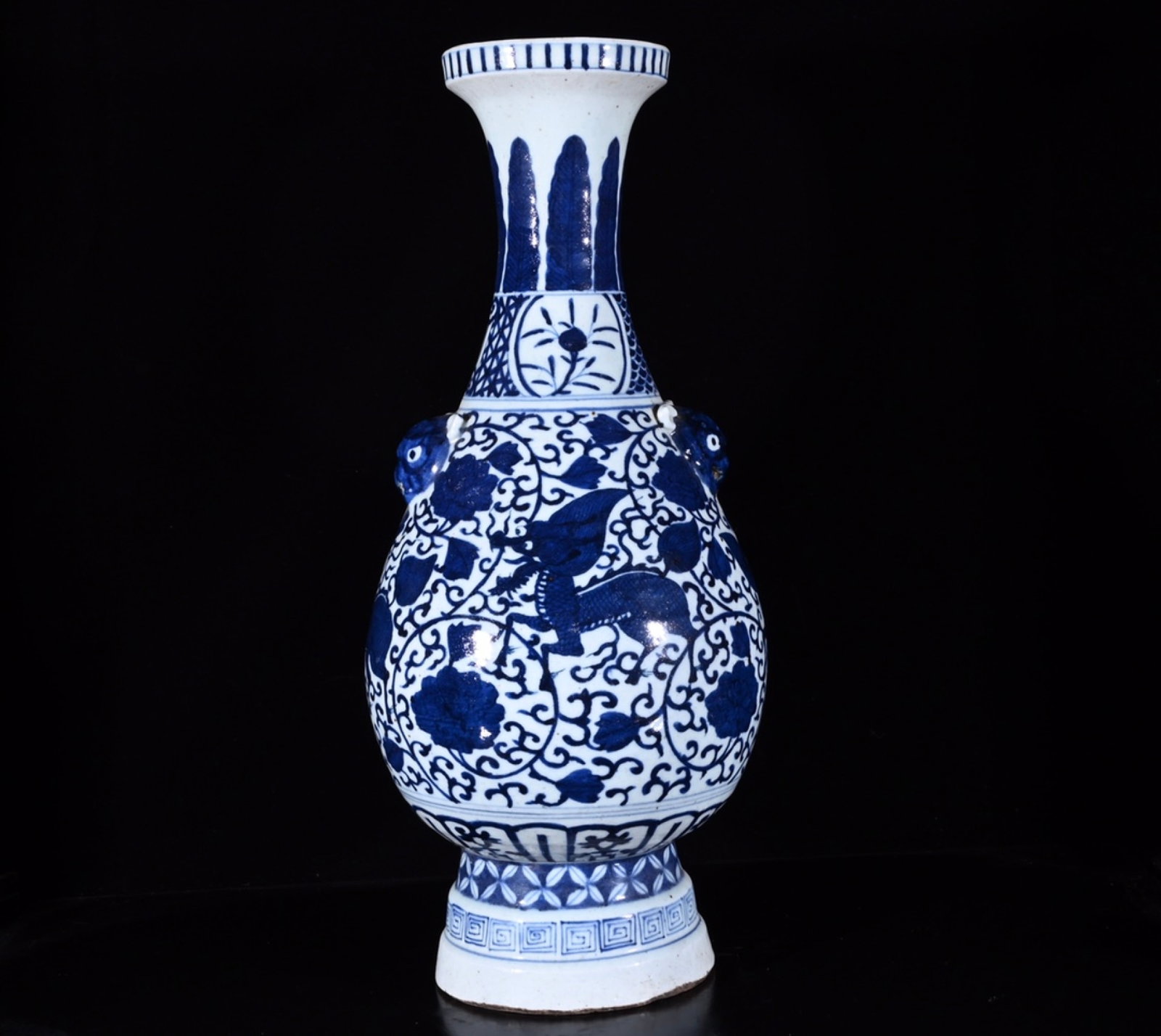 A Huge Blue and White Lotus and Beast Pattern Vase: A Huge Blue and White Lotus and Beast Pattern Vase,Qing Dynasty,China,Size:16.9inx6.7in 青花缠枝莲兽纹瓶,中国清代