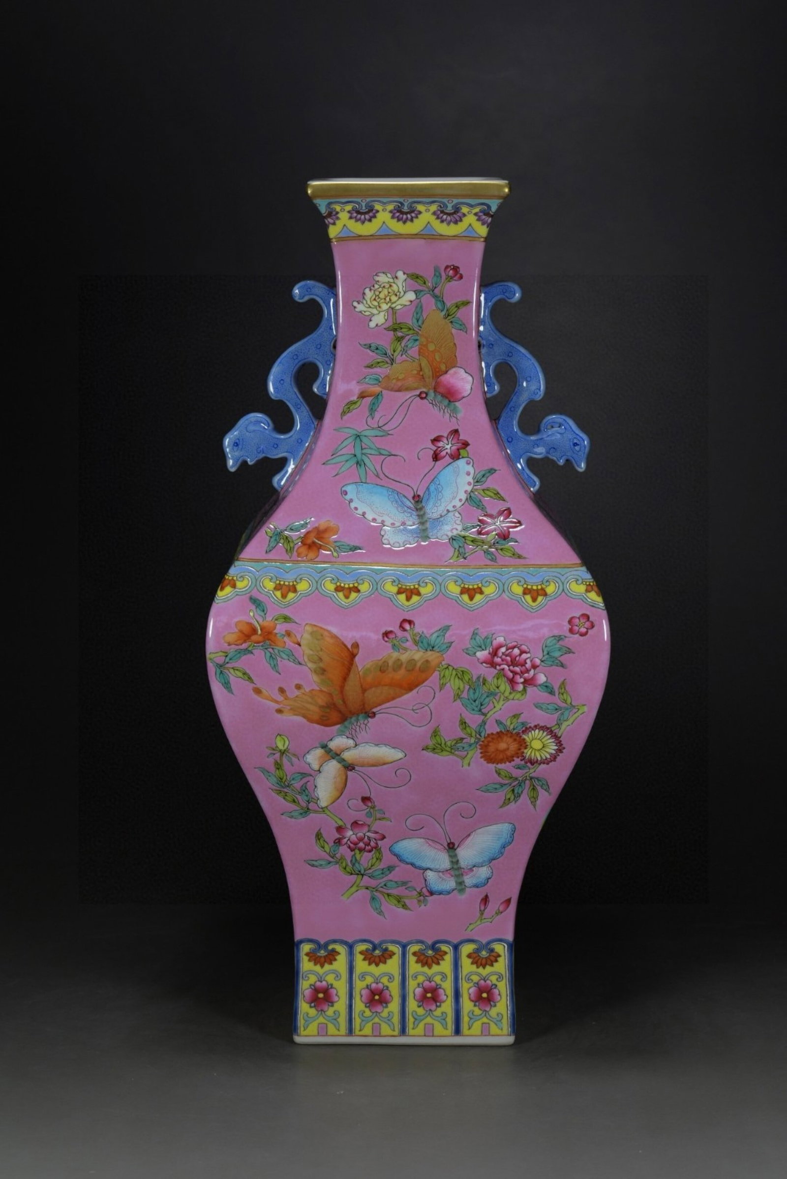 A Rare Famille-Rose Gilt Flower and Butterfly Pattern Double-Ears Vase: A Rare Famille-Rose Gilt Flower and Butterfly Pattern Double-Ears Vase,Qing Dynasty,China,Qianlong Six-character Mark,Size:13inx7.1in 粉彩鎏金花卉蝴蝶&#