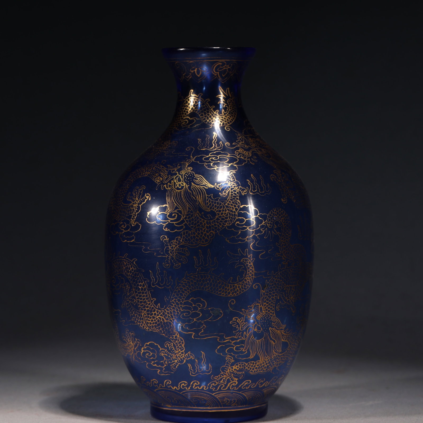 An Exquisite Sapphire Blue Glass Gold Traced Display Vase With Double Dragon And Cloud Dragon (1 of 8)