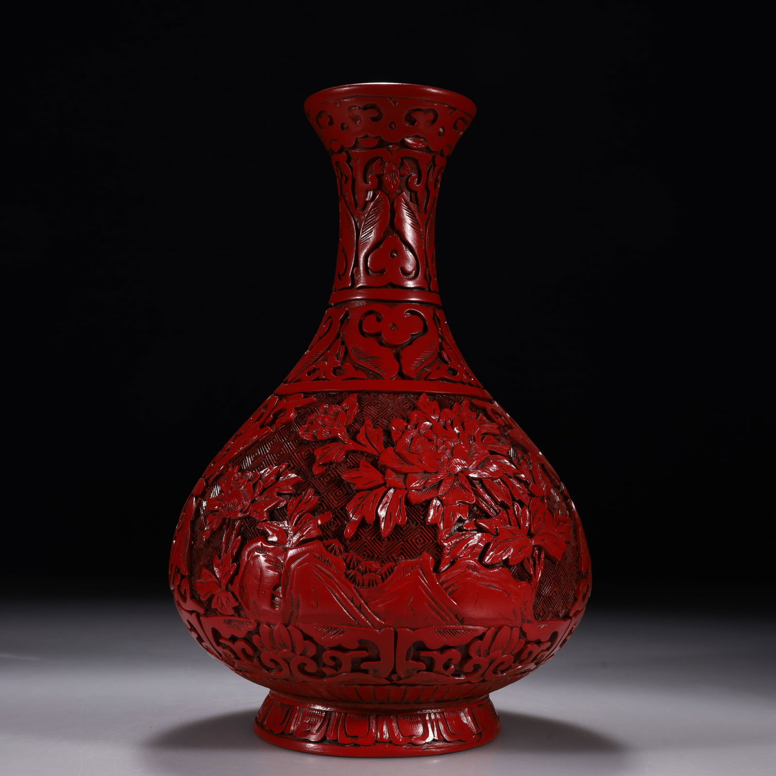 A Carved Cinnabar Lacquer Vase with Peony, Flower, and Butterfly Motifs (1 of 12)