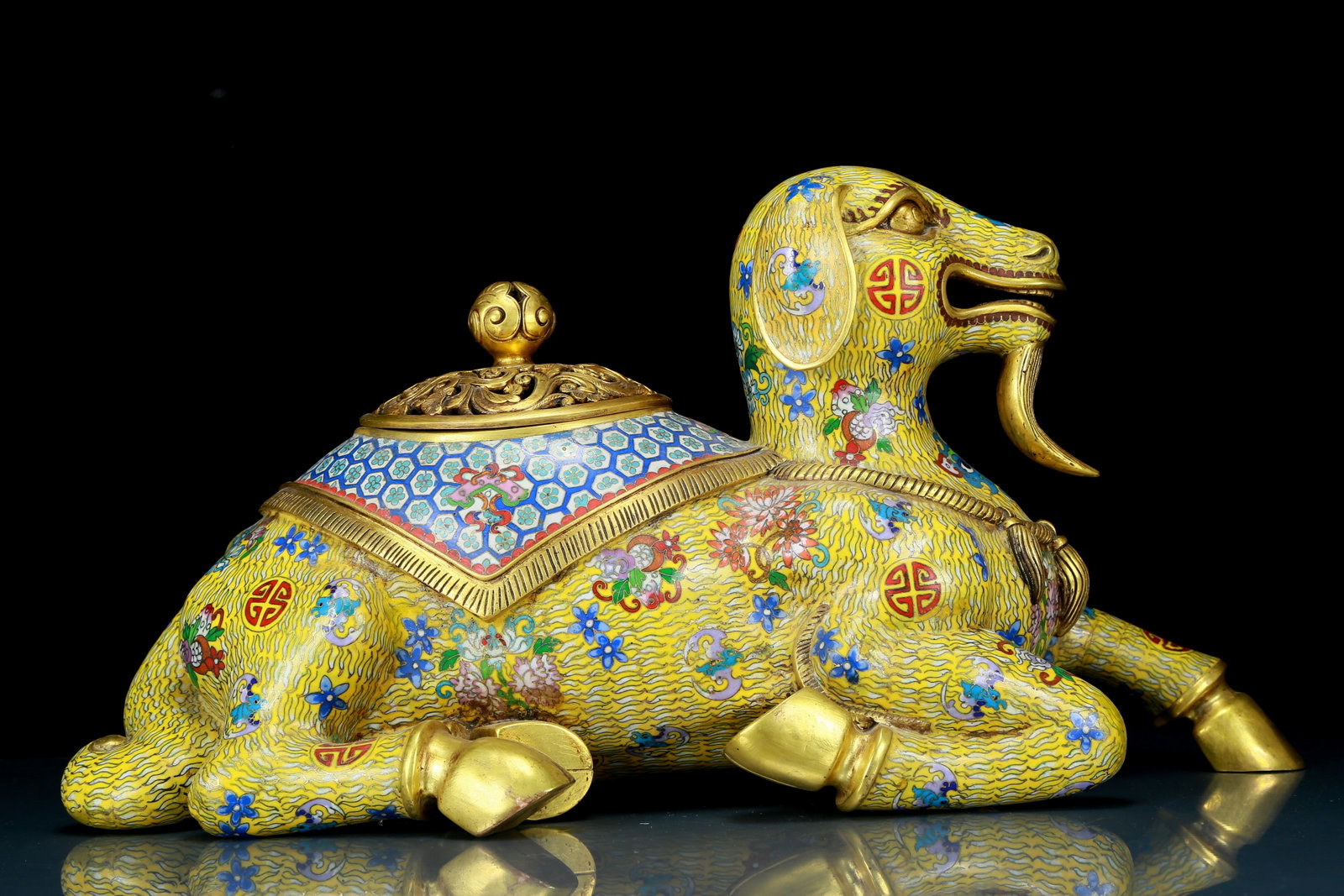 A Fabulous Cloisonne Ram-Form Censer: Fabulous Cloisonne Ram-Form Censer. The ram is cast recumbent, body enameled with miniature medallions and detailed, fine hair markings, all reserved on a bright yellow ground. Chinese Qing Dynasty. Q
