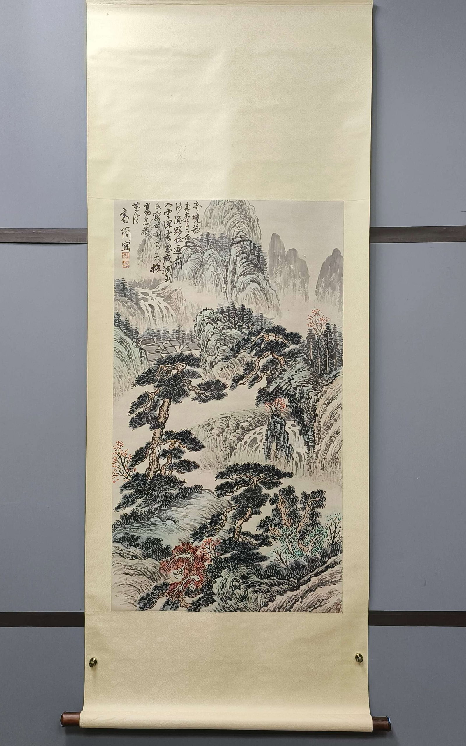 A Chinese Vertical Scroll Ink Painting of Landscape on Paper: A Chinese Vertical Scroll Ink Painting of Landscape on Paper,Gao Jian,Size:42.1inx23.6in 一幅中国水墨山水画立轴,高简