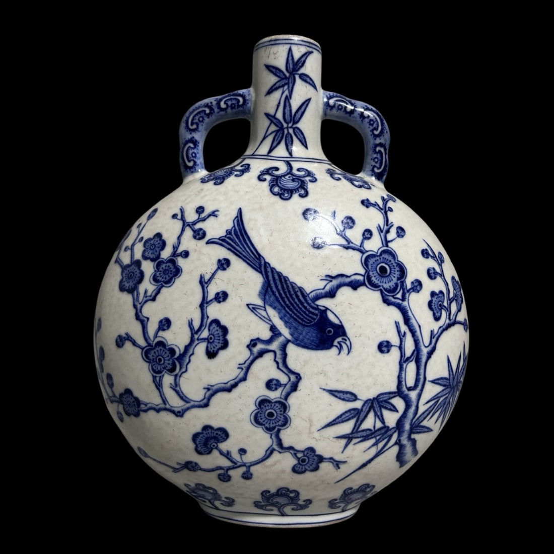 An Exquisite Blue and White Flower and Bird Pattern Double-Ears Vase: An Exquisite Blue and White Flower and Bird Pattern Double-Ears Vase,Qing Dynasty,China,Yongzheng Six-character Mark,Size:8.3inx11.3in