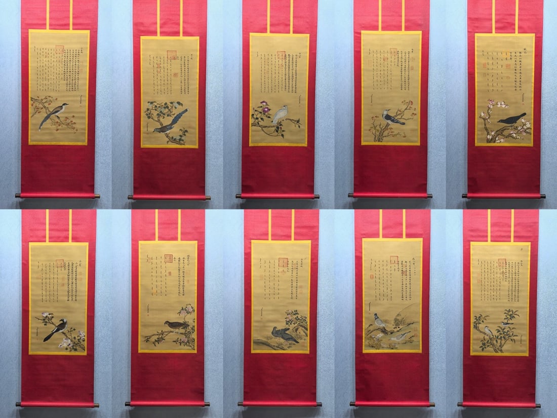 A Set of Chinese Vertical Scroll Ink Painting of Flower and Bird on Silk,Lang Shining: A Set of Chinese Vertical Scroll Ink Painting of Flower and Bird on Silk,Lang Shining,Size:18.1inx35in*10