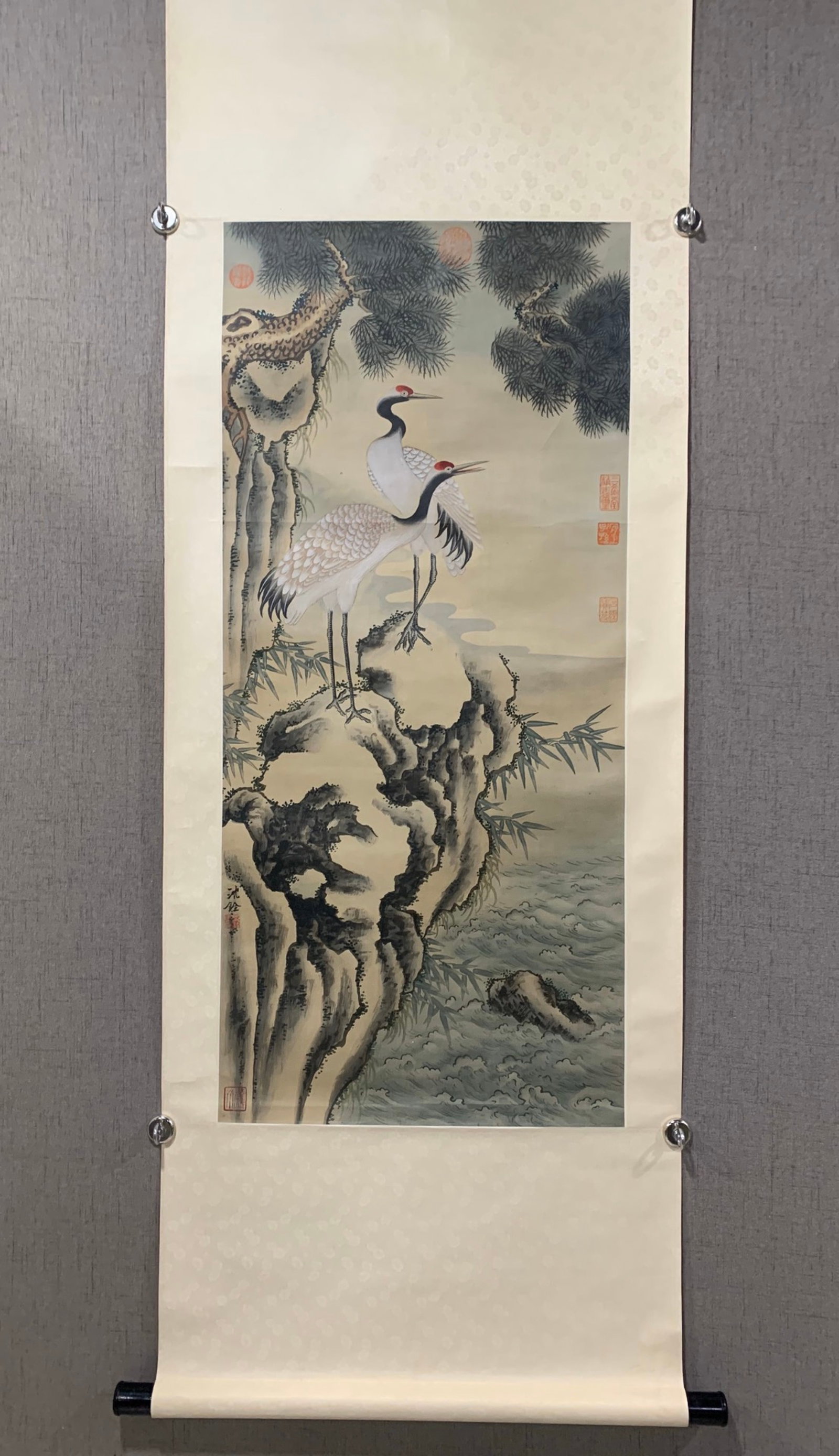 A Chinese Vertical Scroll Ink Painting of Pine and Crane on Silk: A Chinese Vertical Scroll Ink Painting of Pine and Crane on Silk,Shen Quan,Size:39.8inx17.7in