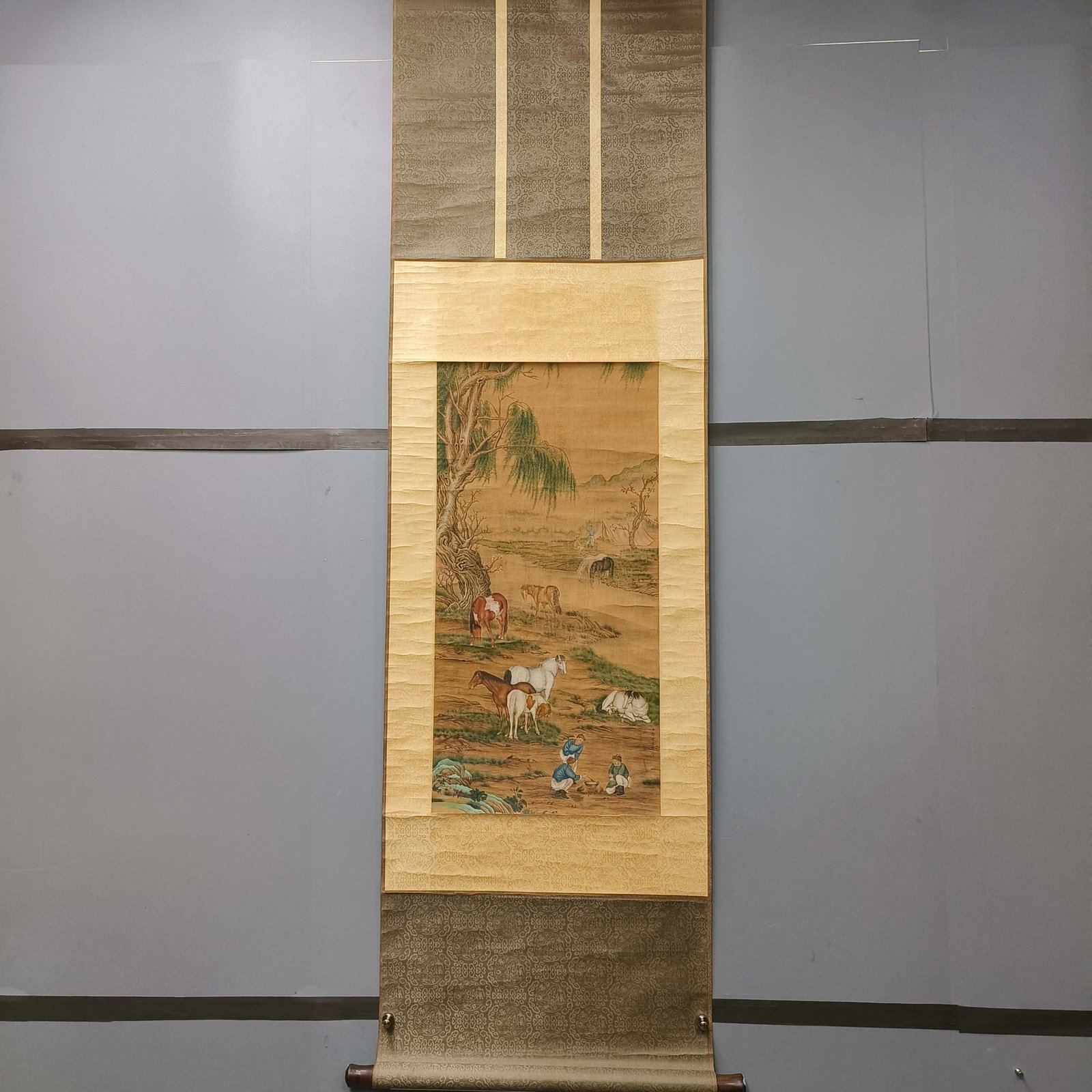 A Chinese Vertical Scroll Ink Painting of Character and Story on Paper: A Chinese Vertical Scroll Ink Painting of Character and Story on Paper,Lang Shining,Size:31.9inx15.7in