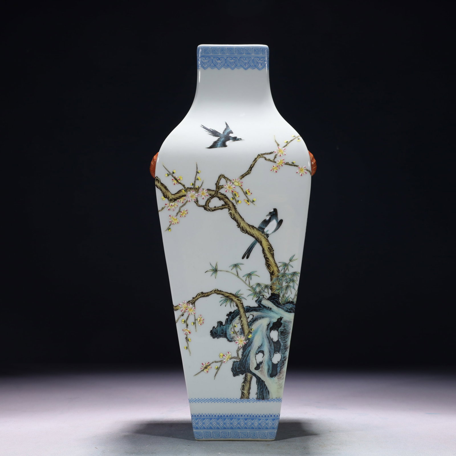 An Exquisite Enamel Flower and Bird Pattern Double-Ears Vase: An Exquisite Enamel Flower and Bird Pattern Double-Ears Vase,Qing Dynasty,China,Qianlong Six-character Mark,Size:5.1inx8.3inx13.8in,Weight:2100g