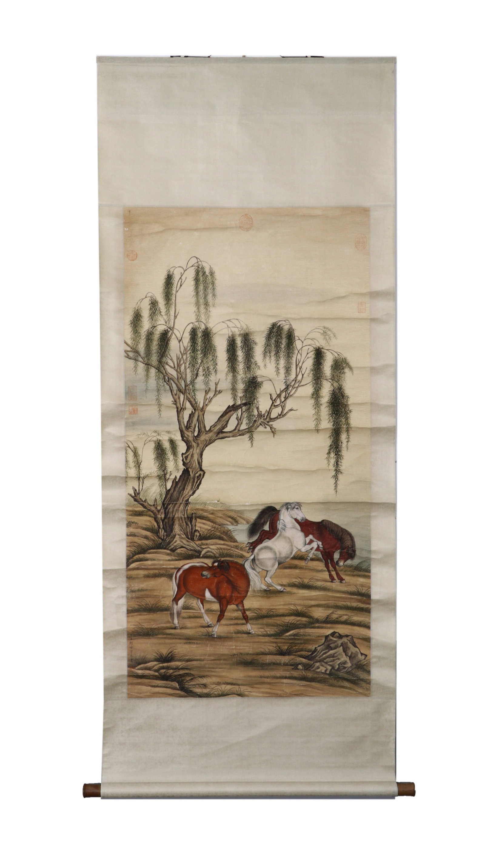A Chinese Vertical Scroll Ink Painting of Horse on Silk: A Chinese Vertical Scroll Ink Painting of Horse on Silk,Lang Shining,Size:52inx26in
