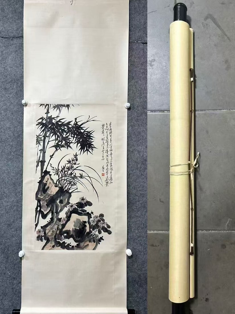 A Chinese Vertical Scroll Ink Painting of Orchid,Bamboo and Chrysanthemum on Paper,Kang Sheng: A Chinese Vertical Scroll Ink Painting of Orchid,Bamboo and Chrysanthemum on Paper,Kang Sheng,Size:(Without frame)19.1inx35in 一幅中国水墨兰竹菊&#