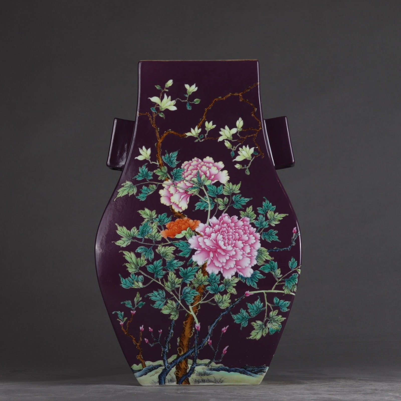 A Rare Purple Glazed Famille-Rose Flower and Bird Pattern Double-Ears Vase,with poem: A Rare Purple Glazed Famille-Rose Flower and Bird Pattern Double-Ears Vase,with poem,Qing Dynasty,China,Qianlong Six-character Mark,Size:12.4inx7.9in 紫釉粉彩花鸟&#