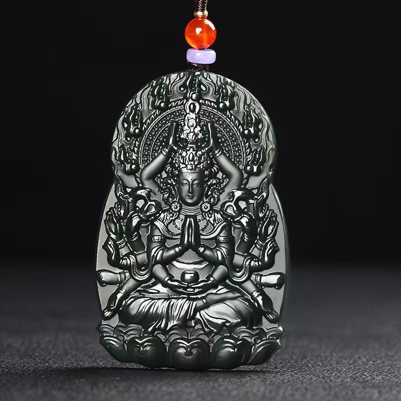 An Exquisite Cyan jade Statue of Thousand-Hand Avalokitesvara Pendant: An Exquisite Cyan jade Statue of Thousand-Hand Avalokitesvara Pendant,Size:2.4inx1.6inx0.3in 青玉千手观音像挂件