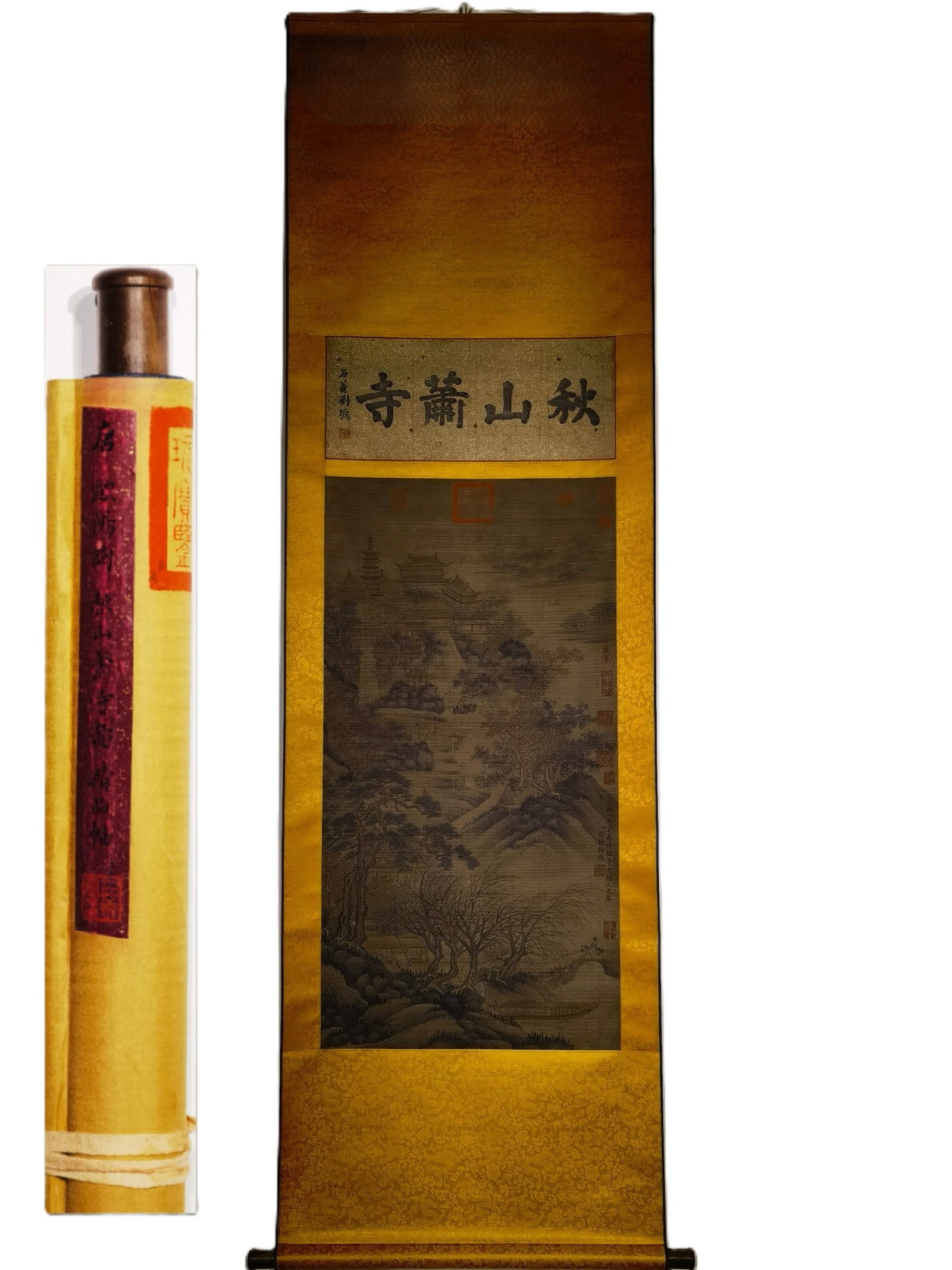 A Chinese Vertical Scroll Ink Painting of Landscape on Silk: A Chinese Vertical Scroll Ink Painting of Landscape on Silk,Ouyang Xun,Size:(overall length)86.6inx25.6in,(Without frame)49.6inx20.5in