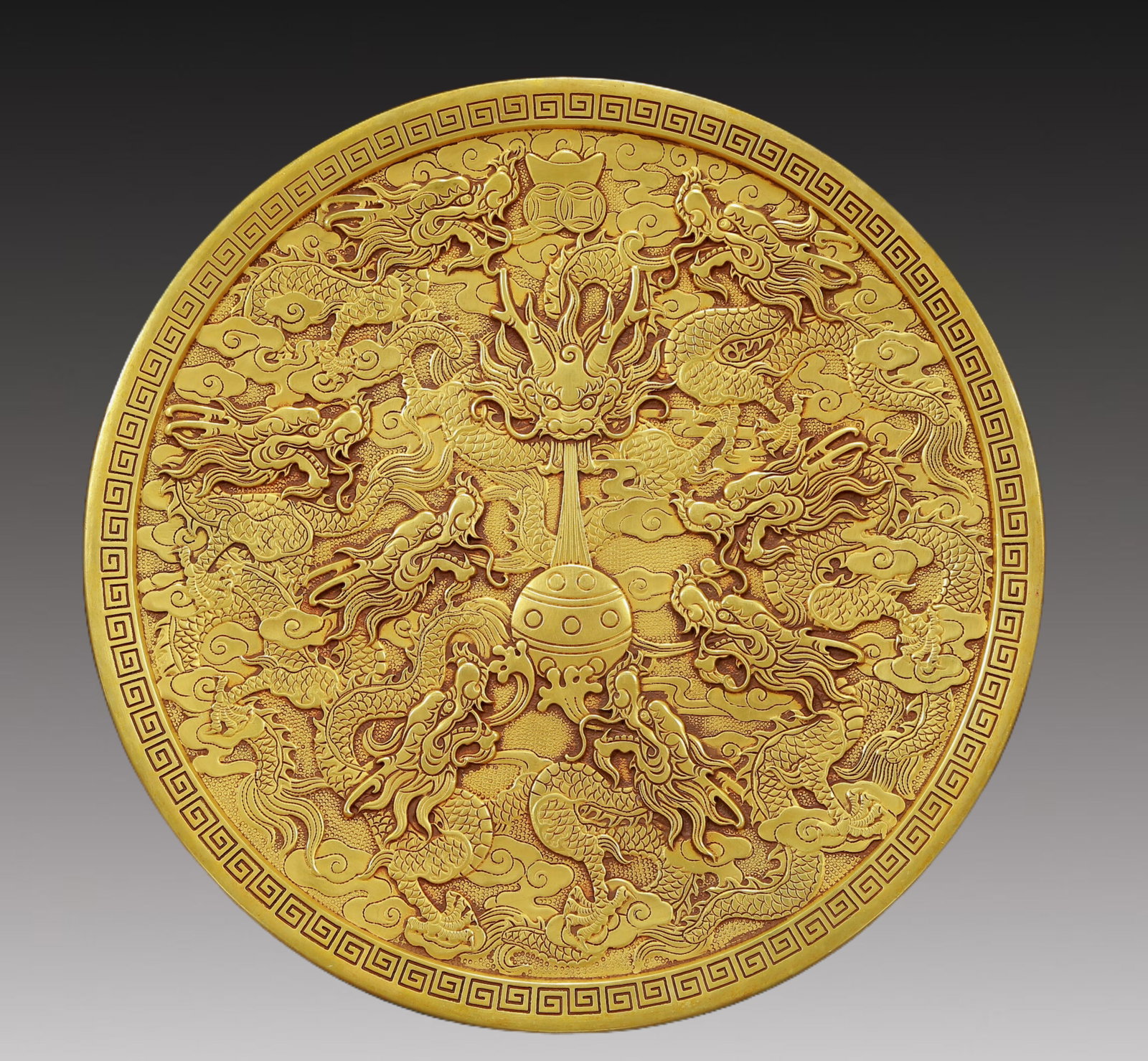 A Solemn Gilt Bronze Dragon Pattern Dish: A Solemn Gilt Bronze Dragon Pattern Dish,Ming Dynasty, China,Xuande Mark,Size:15.4inx1.2in,Weight:12.20kg