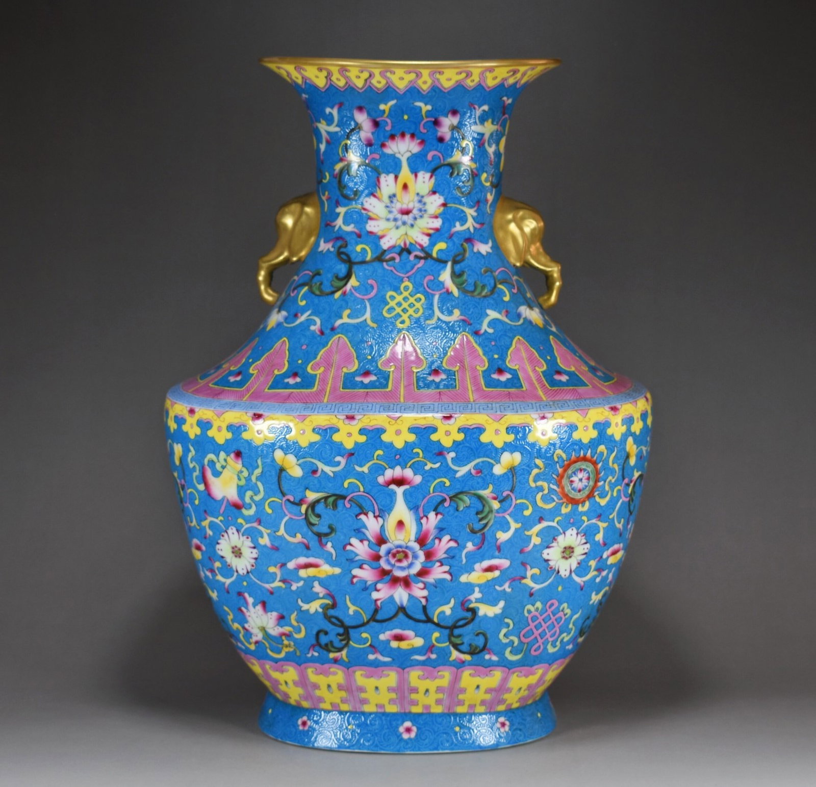 A Huge Enamel Gilt Lotus Pattern Elephant-Ears Vase: A Huge Enamel Gilt Lotus Pattern Elephant-Ears Vase,Qing Dynasty,China,Qianlong Four-character Mark,Size:15.7inx11.4in 珐琅彩鎏金缠枝莲纹象&