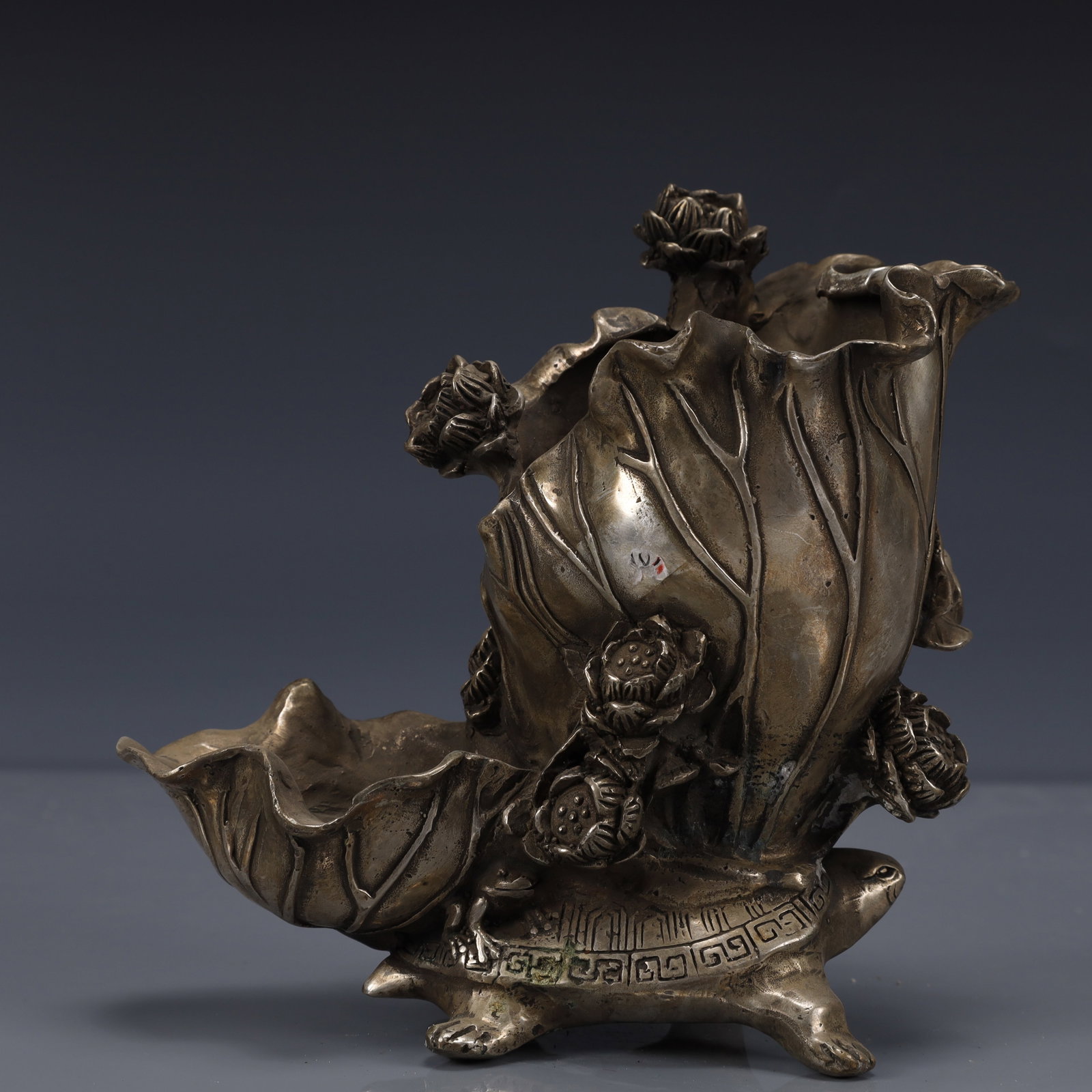 An Exquisite Silver-Plated Bronze Lotus Leaf Brush Pot: An Exquisite Silver-Plated Bronze Lotus Leaf Brush Pot,Qing Dynasty, China,Kangxi Four-character Mark,Size:5.9inx3.5inx6.3in,Weight:950g