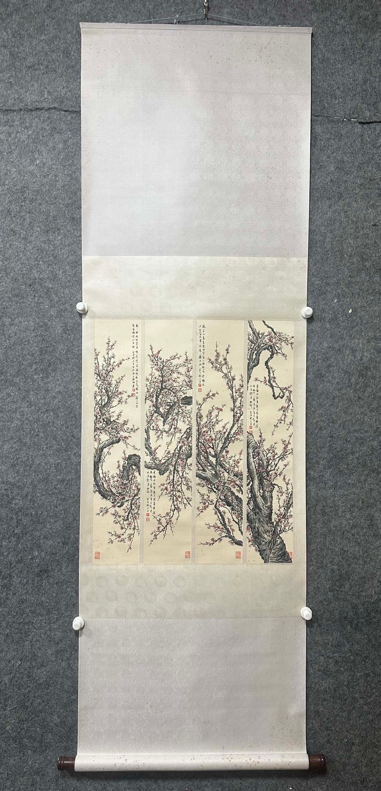 A Chinese Vertical Scroll Ink Painting of Plum Blossom on Paper,Tao Lengyue: A Chinese Vertical Scroll Ink Painting of Plum Blossom on Paper,Tao Lengyue,Size:(Without frame)5.5inx28.3in*4 一幅中国水墨梅花图立轴,