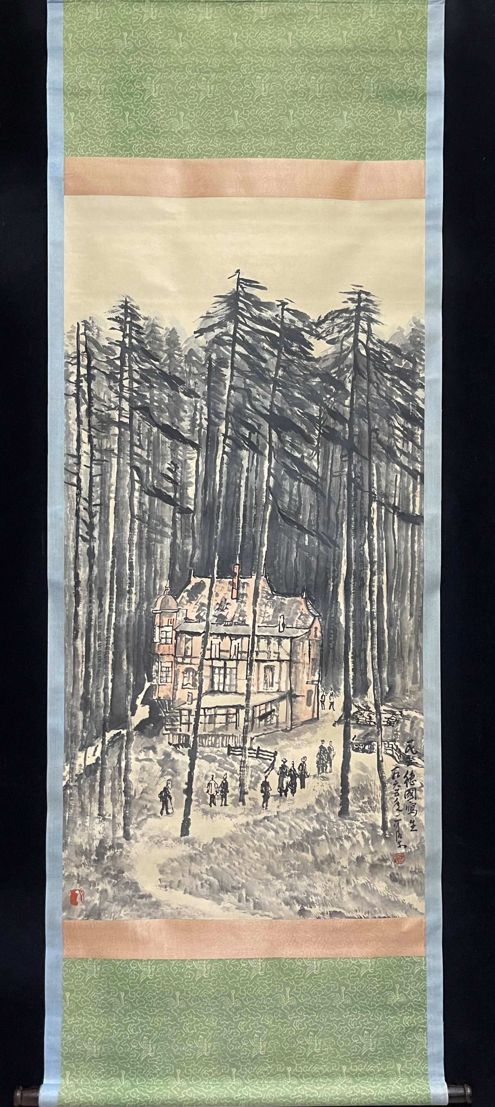 A Chinese Vertical Scroll Ink Painting of Landscape and Figure on Paper: A Chinese Vertical Scroll Ink Painting of Landscape and Figure on Paper,Li Keran,Size:26.8inx53.9in 一幅中国水墨山水人物画立$