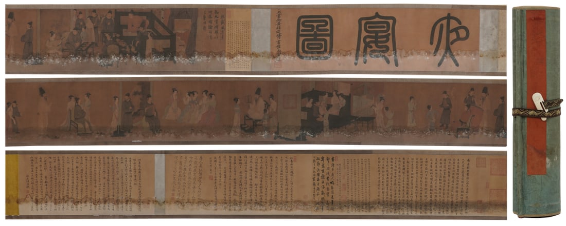 A Chinese Hand Scroll Ink Painting of Character and Story on Silk: A Chinese Hand Scroll Ink Painting of Character and Story on Silk,Yi Ming,Size:11inx267.3in 一幅中国水墨绢本人物故事画