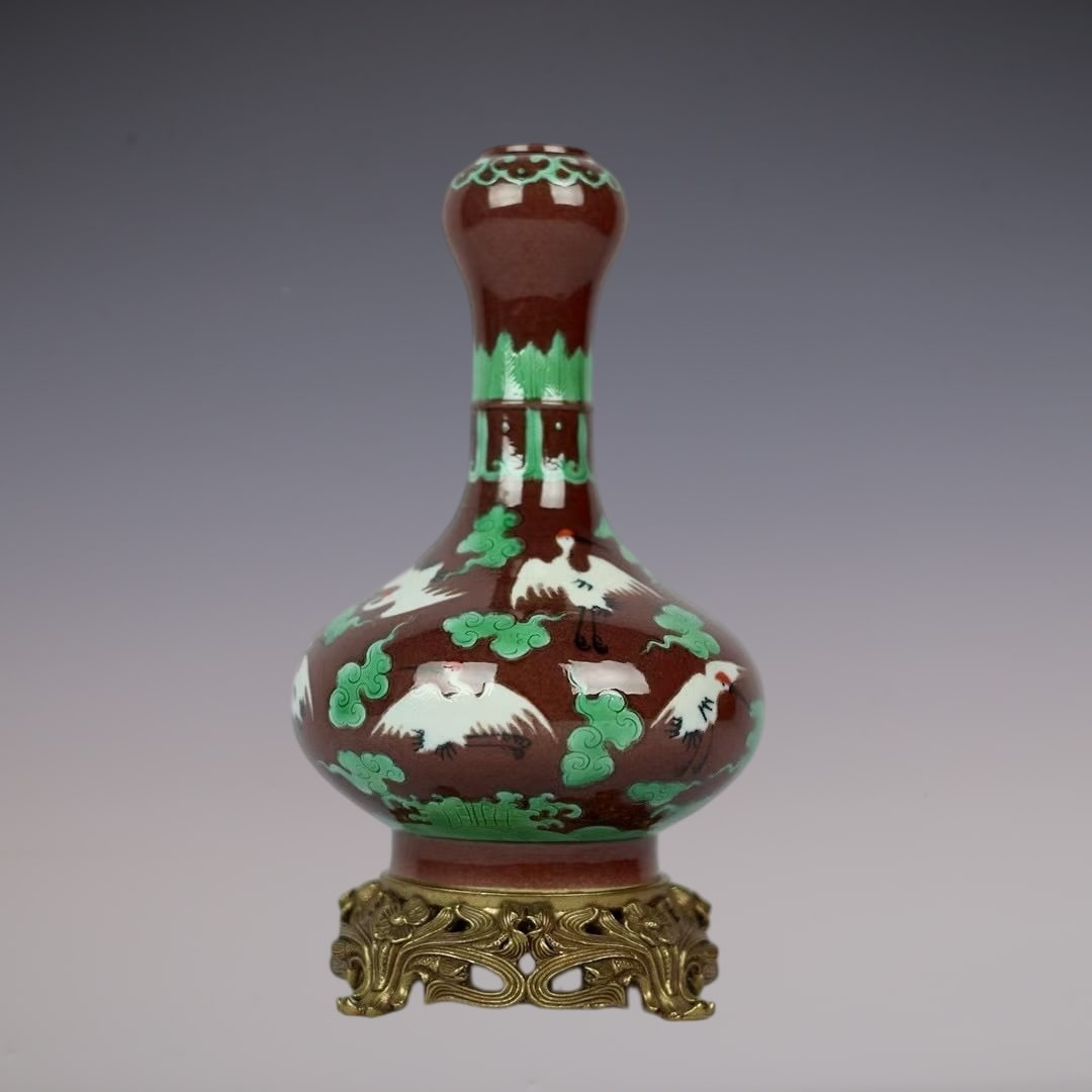 An Exquisite Biscuit Inlaid Bronze Auspicious Cloud and Crane Pattern Vase: An Exquisite Biscuit Inlaid Bronze Auspicious Cloud and Crane Pattern Vase,Qing Dynasty,China,Yongzheng Six-character Mark,Size:9.8inx4.7inx4.7in素三彩镶铜祥云
