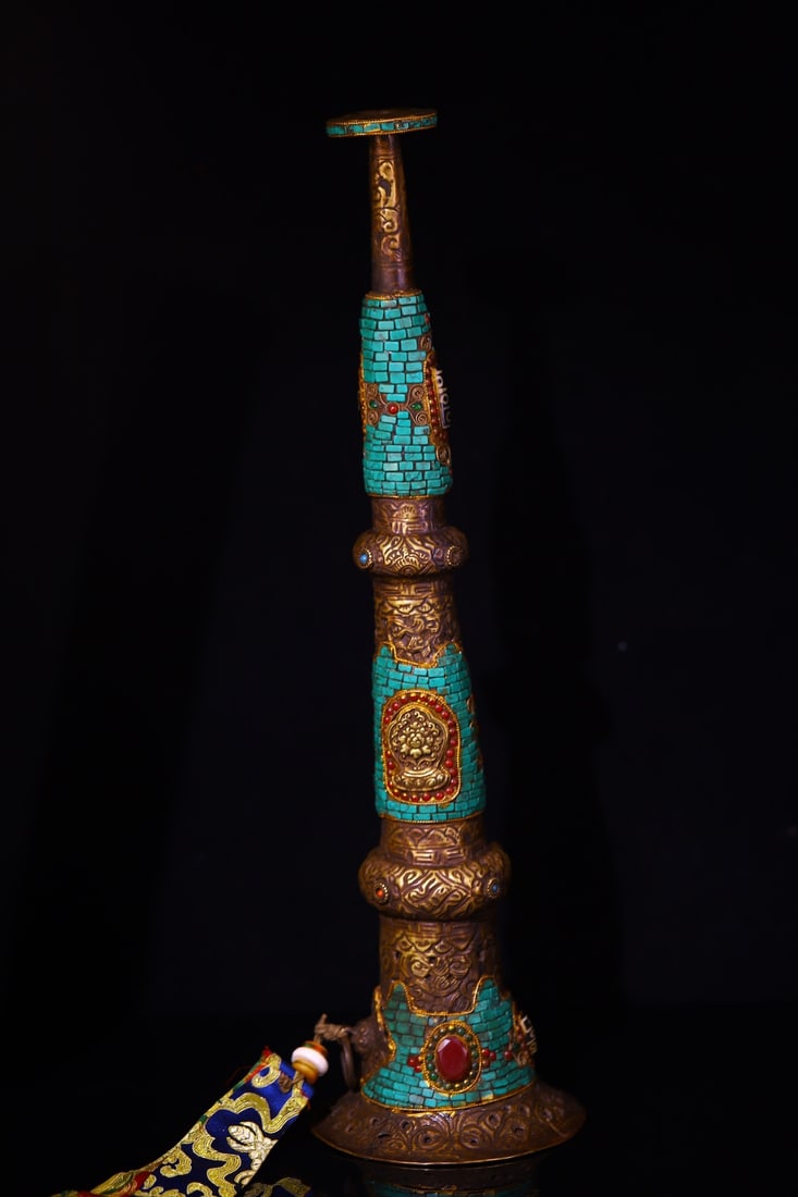 A Huge Bronze Inlaid Gems Dzi Bead and Turquoise Ornament (1 of 9)
