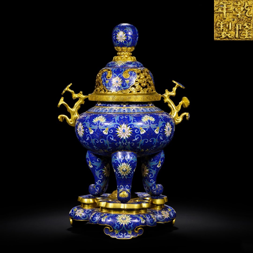 An Exquisite Cloisonne Lotus Pattern Dragon Pattern Double-Ears and Tripod Censer: An Exquisite Cloisonne Lotus Pattern Dragon Pattern Double-Ears and Tripod Censer Qing Dynasty, China Qianlong Four-character Mark Size:16.1inx10.6in