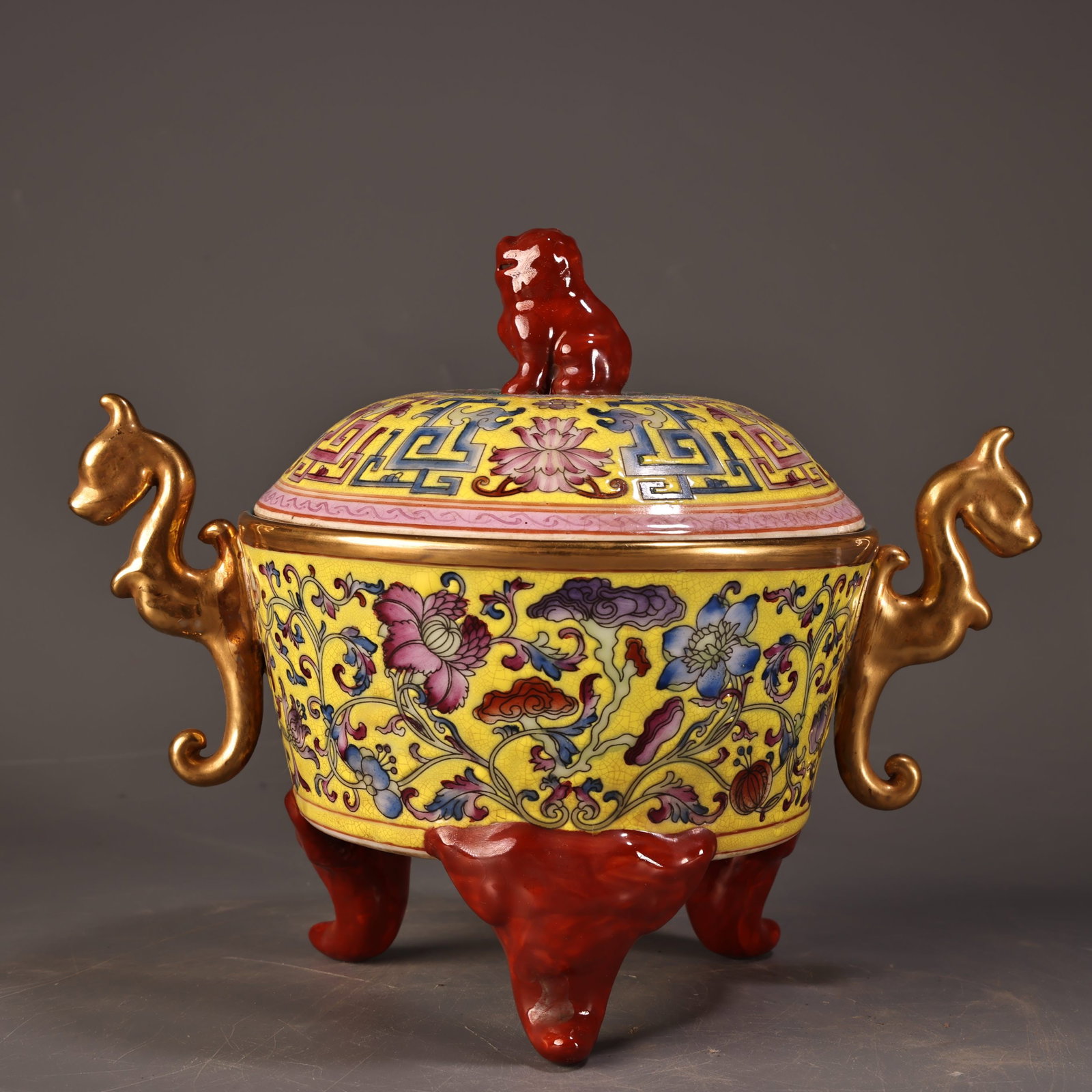 An Exquisite Yellow Ground Enamel Painted Gold Lotus and Chi-Dragon Pattern Dragon-Ears Tripod: An Exquisite Yellow Ground Enamel Painted Gold Lotus and Chi-Dragon Pattern Dragon-Ears Tripod Censer,Qing Dynasty,China,Yongzheng Four-character