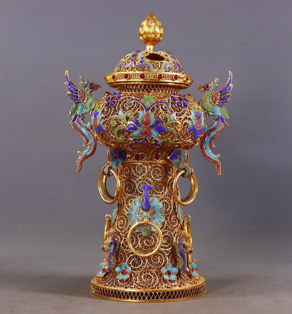 An Exquisite Filigree and Gilding Inlaid Gems Blueing Lotus Pattern Phoenix-Ears Censer: An Exquisite Filigree and Gilding Inlaid Gems Blueing Lotus Pattern Phoenix-Ears Censer,Qing Dynasty,China,Qianlong Four-character