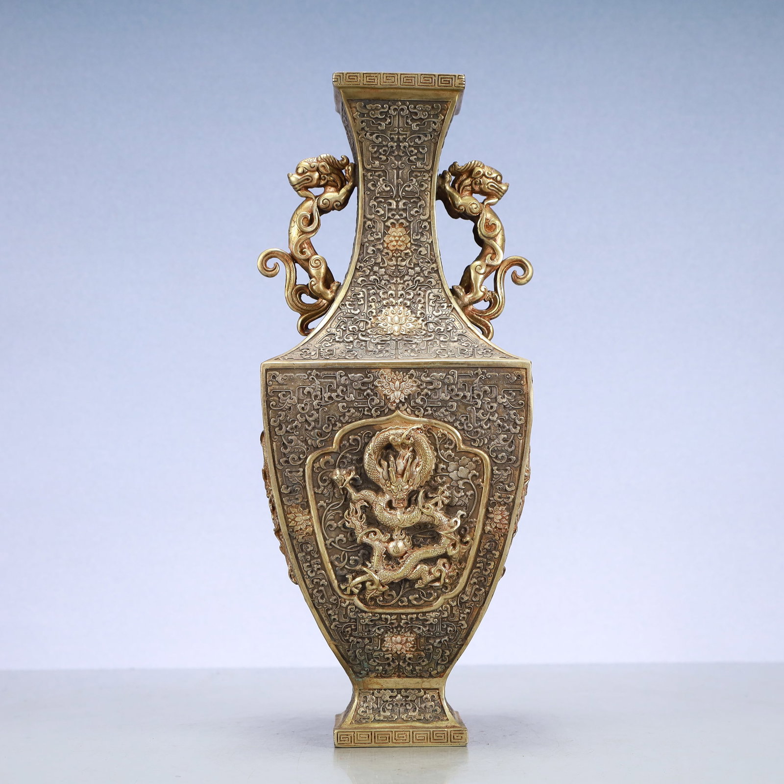 A Exquisite Gilt Silver Lotus Pattern Dragon Pattern Double-Ears Vase: A Exquisite Gilt Silver Lotus Pattern Dragon Pattern Double-Ears Vase Qing Dynasty, China Qianlong Four-character Mark Size:5.5inx14.2in