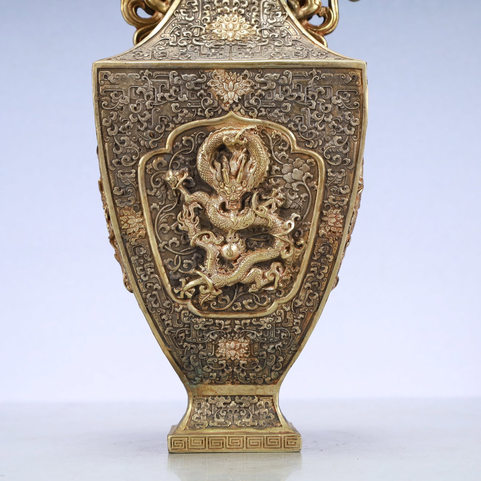 A Exquisite Gilt Silver Lotus Pattern Dragon Pattern Double-Ears Vase - 3