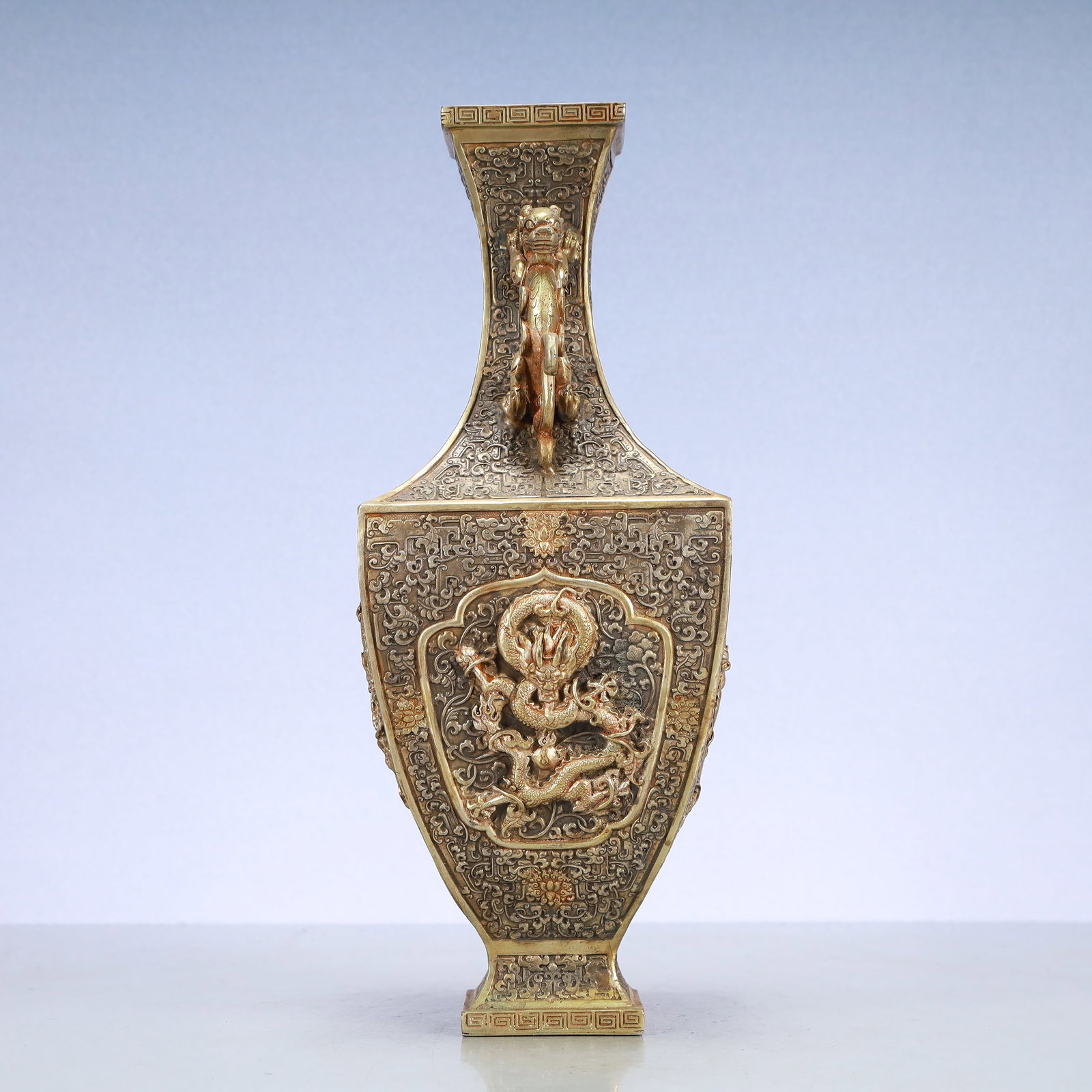 A Exquisite Gilt Silver Lotus Pattern Dragon Pattern Double-Ears Vase - 4