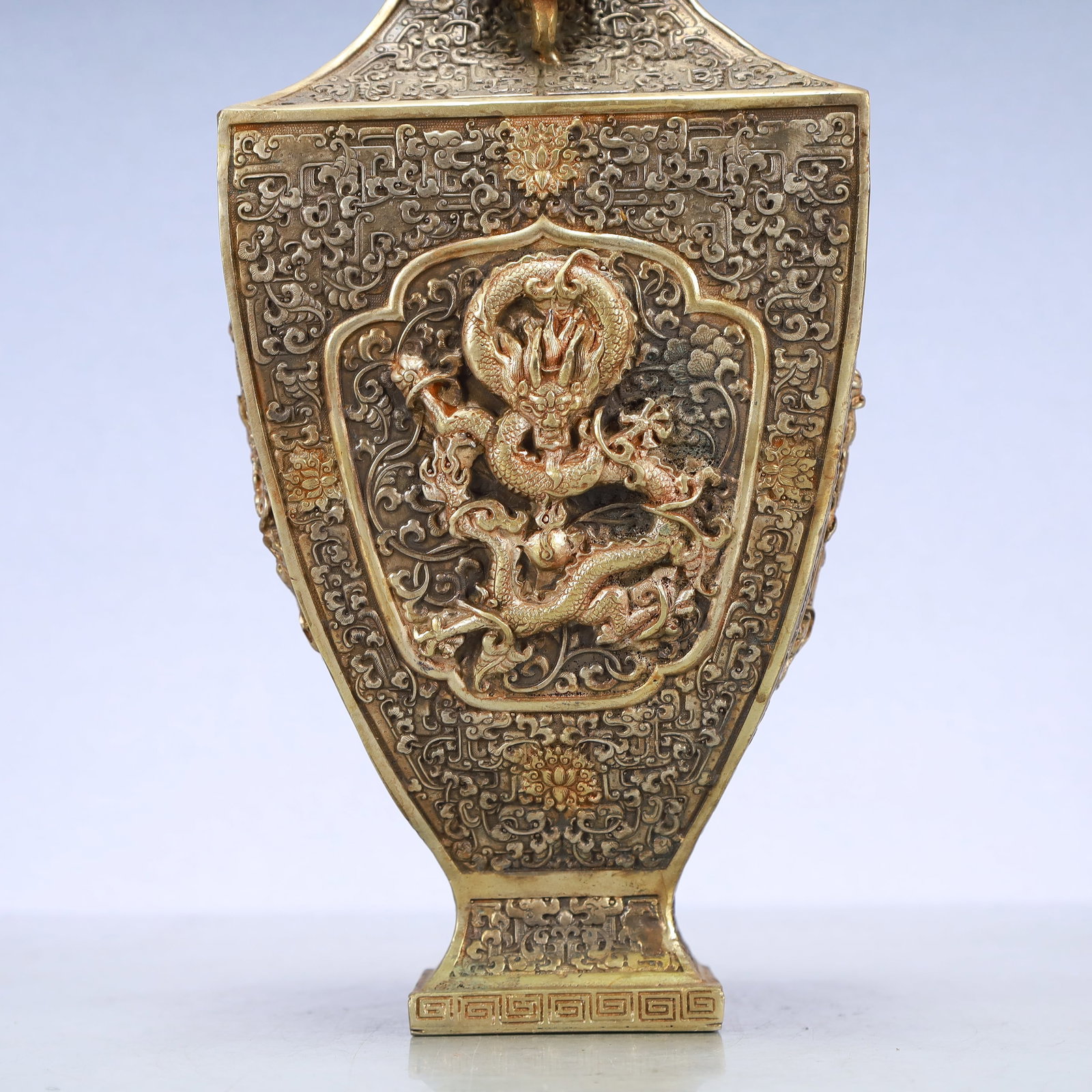 A Exquisite Gilt Silver Lotus Pattern Dragon Pattern Double-Ears Vase - 6