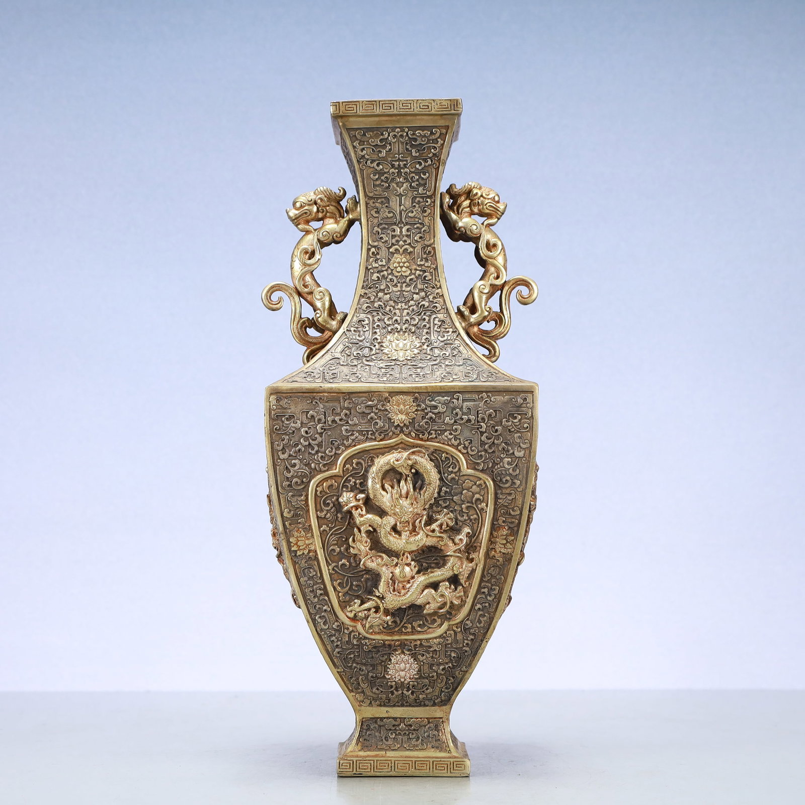 A Exquisite Gilt Silver Lotus Pattern Dragon Pattern Double-Ears Vase - 7