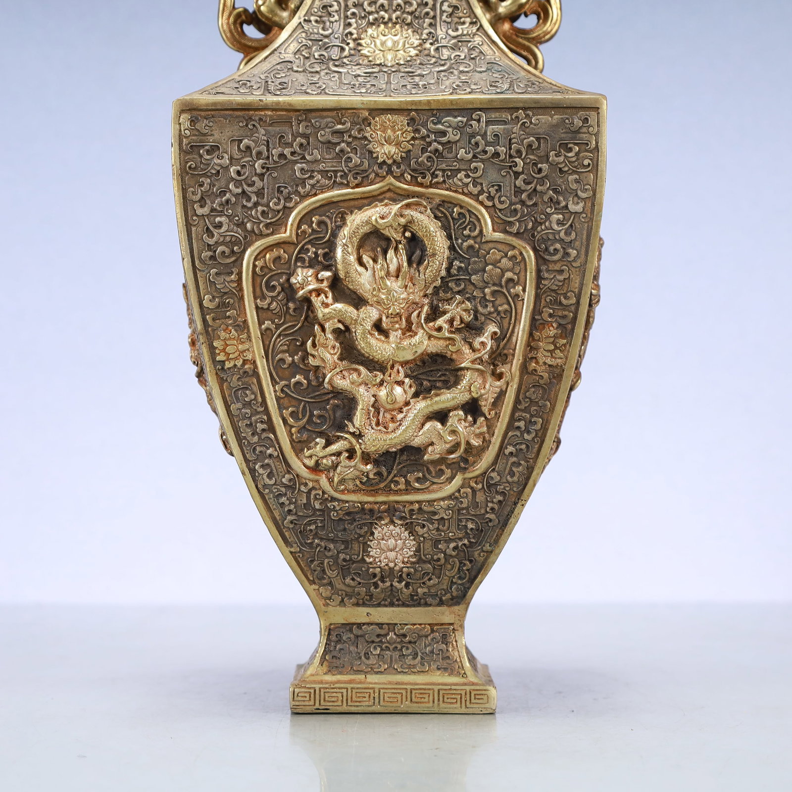 A Exquisite Gilt Silver Lotus Pattern Dragon Pattern Double-Ears Vase - 9