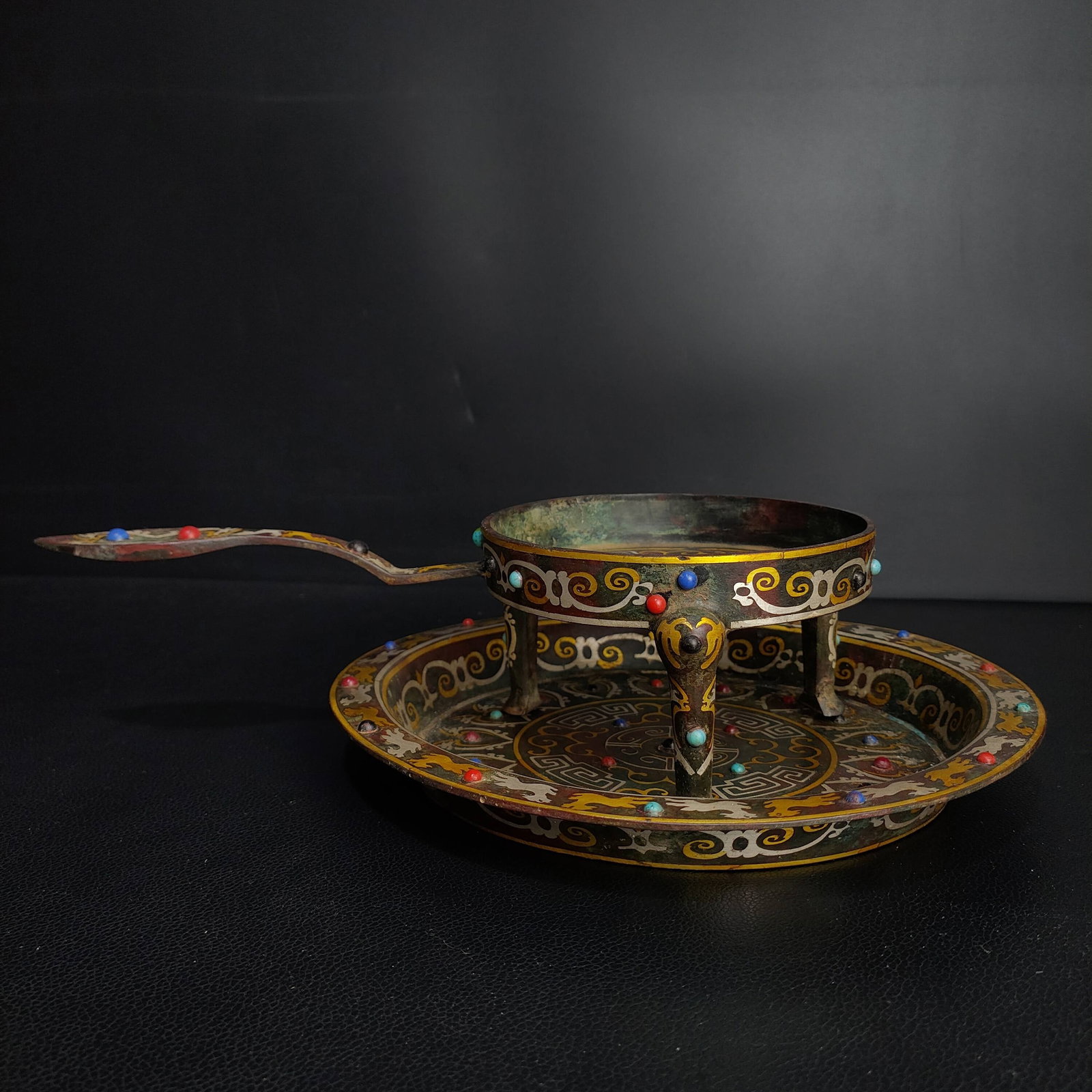 An Archaic Bronze Inlaid Gold and Silver Inscription Tripod Candlestick,Inlaid Gems,With Tray: An Archaic Bronze Inlaid Gold and Silver Inscription Tripod Candlestick,Inlaid Gems,With Tray,Qing Dynasty, China,Size:3.5inx13.4in,Weight:1700g青铜错金银铭文
