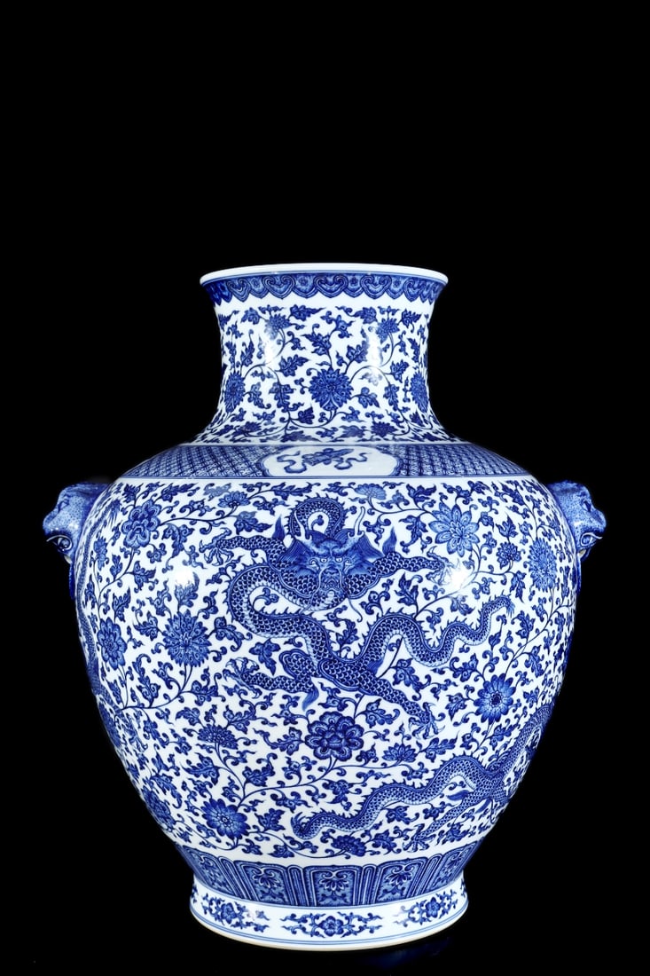 A Huge Blue and White Lotus and Dragon Pattern Beast-Ears Vase: A Huge Blue and White Lotus and Dragon Pattern Beast-Ears Vase,Qing Dynasty, China,Qianlong Six-character