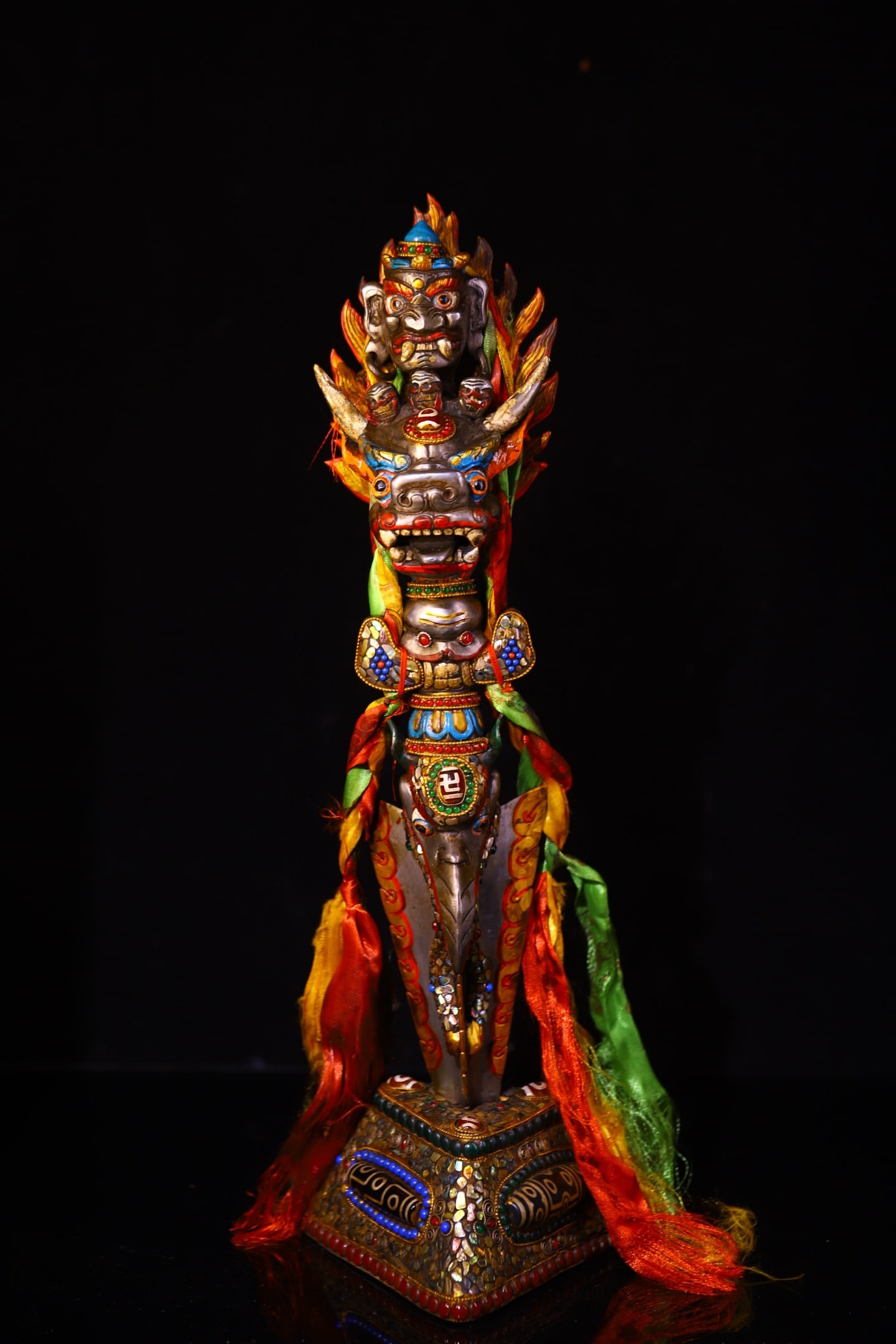 A Huge Bronze Inlaid Dzi Bead and Gems Statue of Yamantaka Vajry Pestle: A Huge Bronze Inlaid Dzi Bead and Gems Statue of Yamantaka Vajry Pestle,Qing