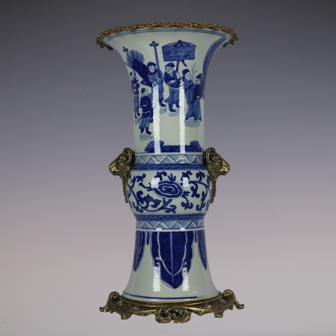 A Huge Blue and White Inlaid Bronze Figure Pattern Sheep-Ears Vase (1 of 8)