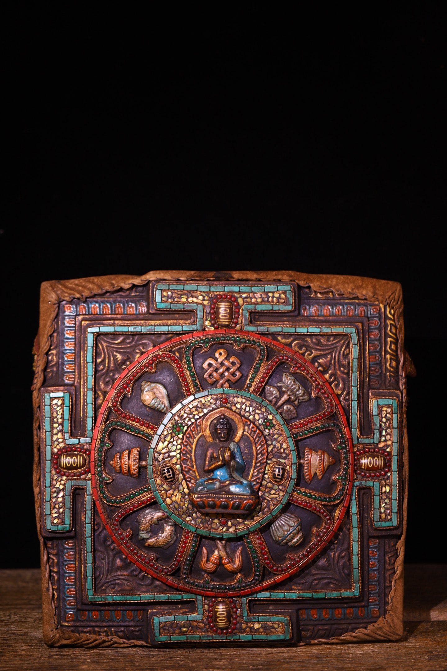 A Rare Wooden Inlaid Dzi Bead and Gems Eight Treasures Buddha Statue Pattern Ornament: A Rare Wooden Inlaid Dzi Bead and Gems Eight Treasures Buddha Statue Pattern Ornament,Qing Dynasty,China,Size:12.2inx12.2inx3.1in,Weight:2380g木胎镶天珠和宝&#