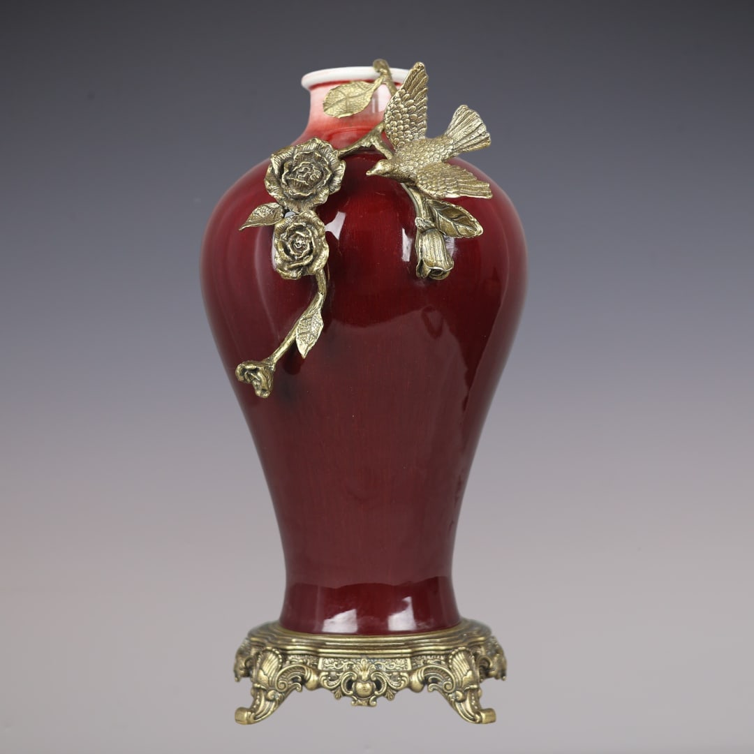 A Huge Red Glazed Inlaid Bronze Flower and Bird Pattern Vase: A Huge Red Glazed Inlaid Bronze Flower and Bird Pattern Vase,Qing Dynasty,China,Qianlong Six-character Mark,Size:16.3inx9.4inx6.7in红釉镶铜花鸟纹瓶,