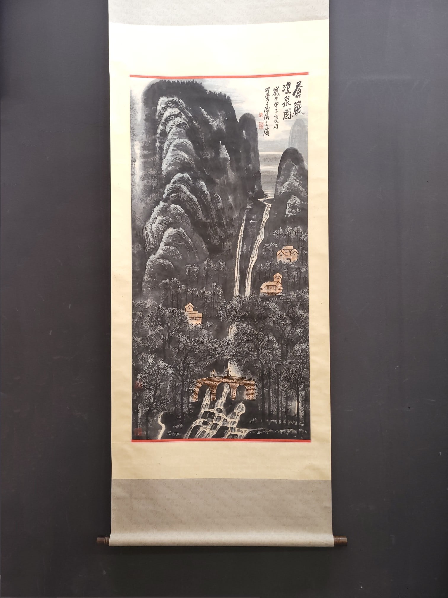 A Chinese Vertical Scroll Ink Painting of Landscape on Paper,Li Keran: A Chinese Vertical Scroll Ink Painting of Landscape on Paper,Li Keran,Size:(Without frame)26.6inx53.9in一幅中国水墨山水画立轴,李