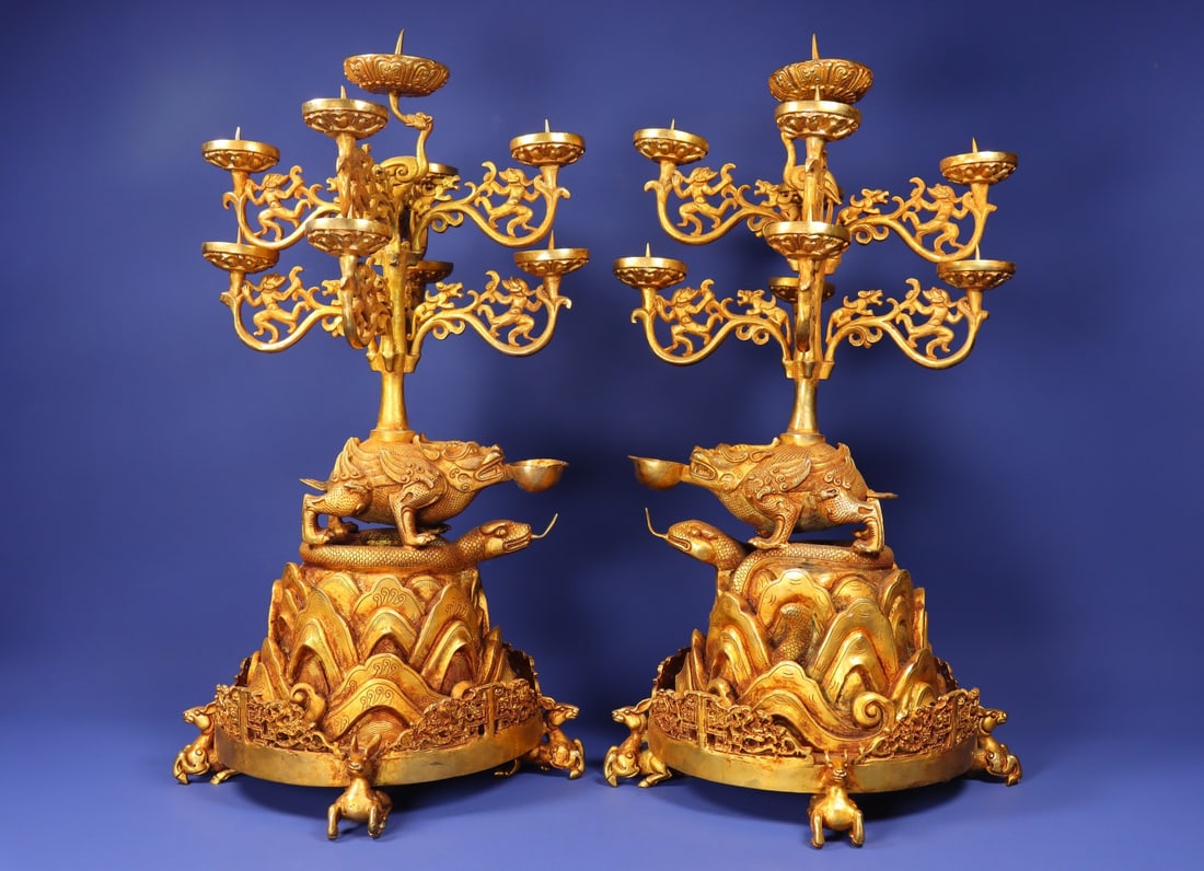 A Pair of Huge Gilt Bronze Beast-Shaped Candlesticks: A Pair of Huge Gilt Bronze Beast-Shaped Candlesticks,Qing