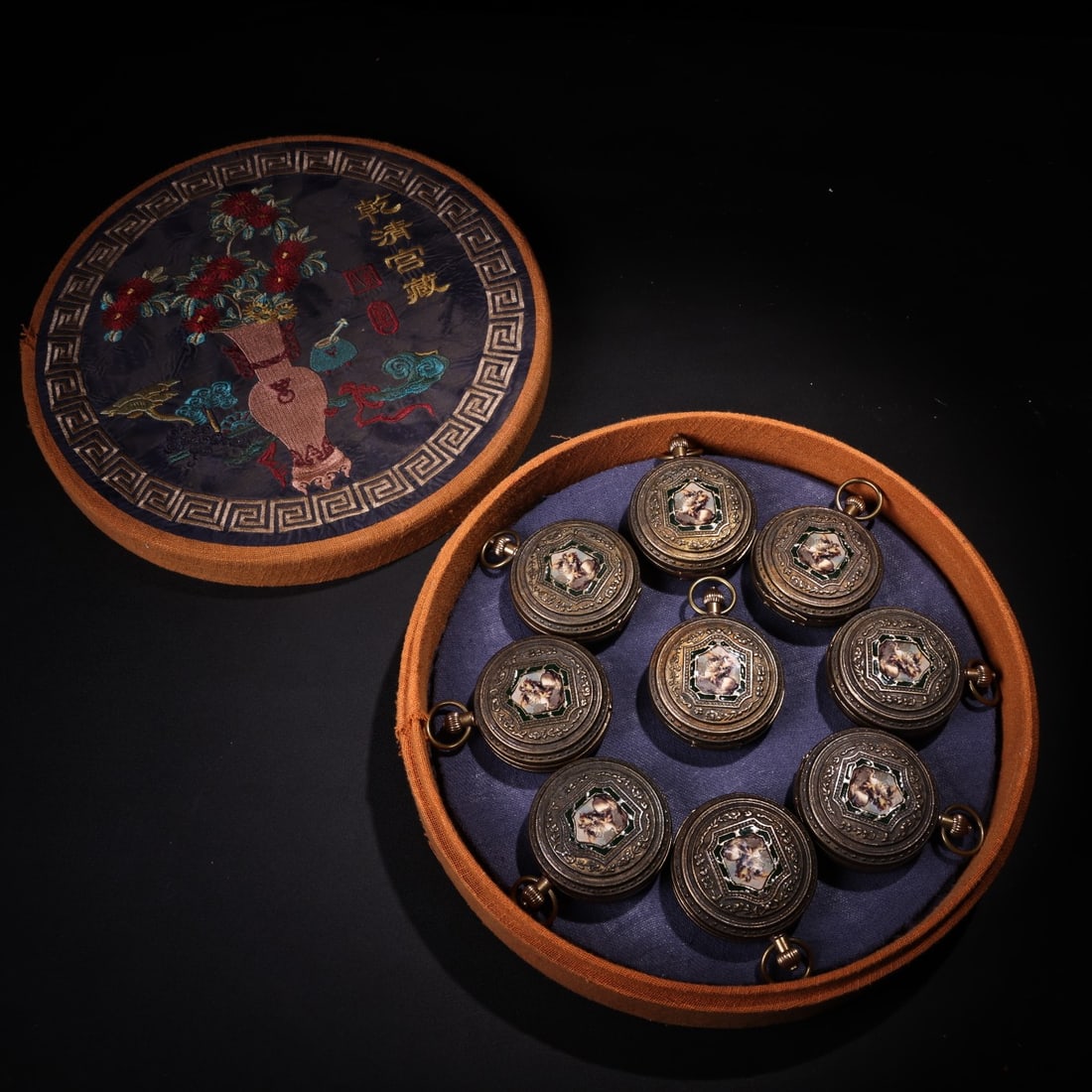 A Set of Fine Bronze Pocket Watches,With Embroidery Box: A Set of Fine Bronze Pocket Watches,With Embroidery Box,Qing Dynasty,China,Size:2.2inx0.8in,Total