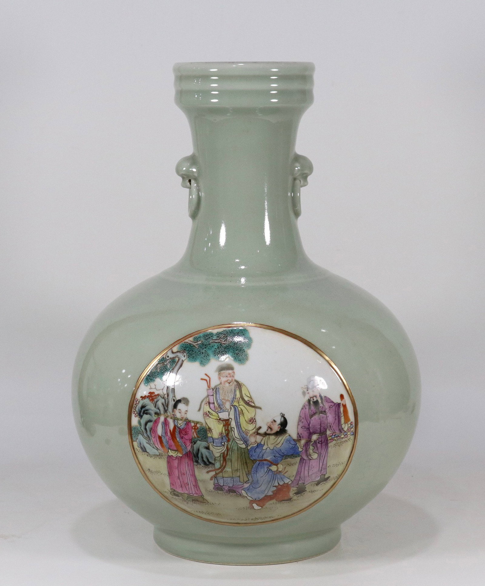 A Huge Celadon Glazed Famille-Rose Painted Gold Figure Pattern Beast-Ears Vase: A Huge Celadon Glazed Famille-Rose Painted Gold Figure Pattern Beast-Ears Vase,Qing Dynasty, China,Qianlong Six-character Mark,Size:16.5inx11in青釉粉彩描金人&