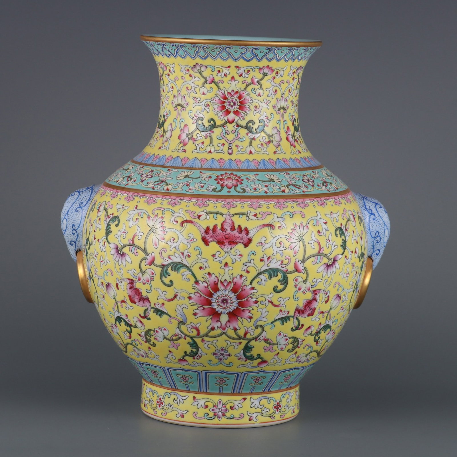 An Exquisite Yellow Ground Famille-Rose Lotus and Bats Pattern Beast-Ears Vase: An Exquisite Yellow Ground Famille-Rose Lotus and Bats Pattern Beast-Ears Vase,Qing Dynasty, China,Qianlong Six-character