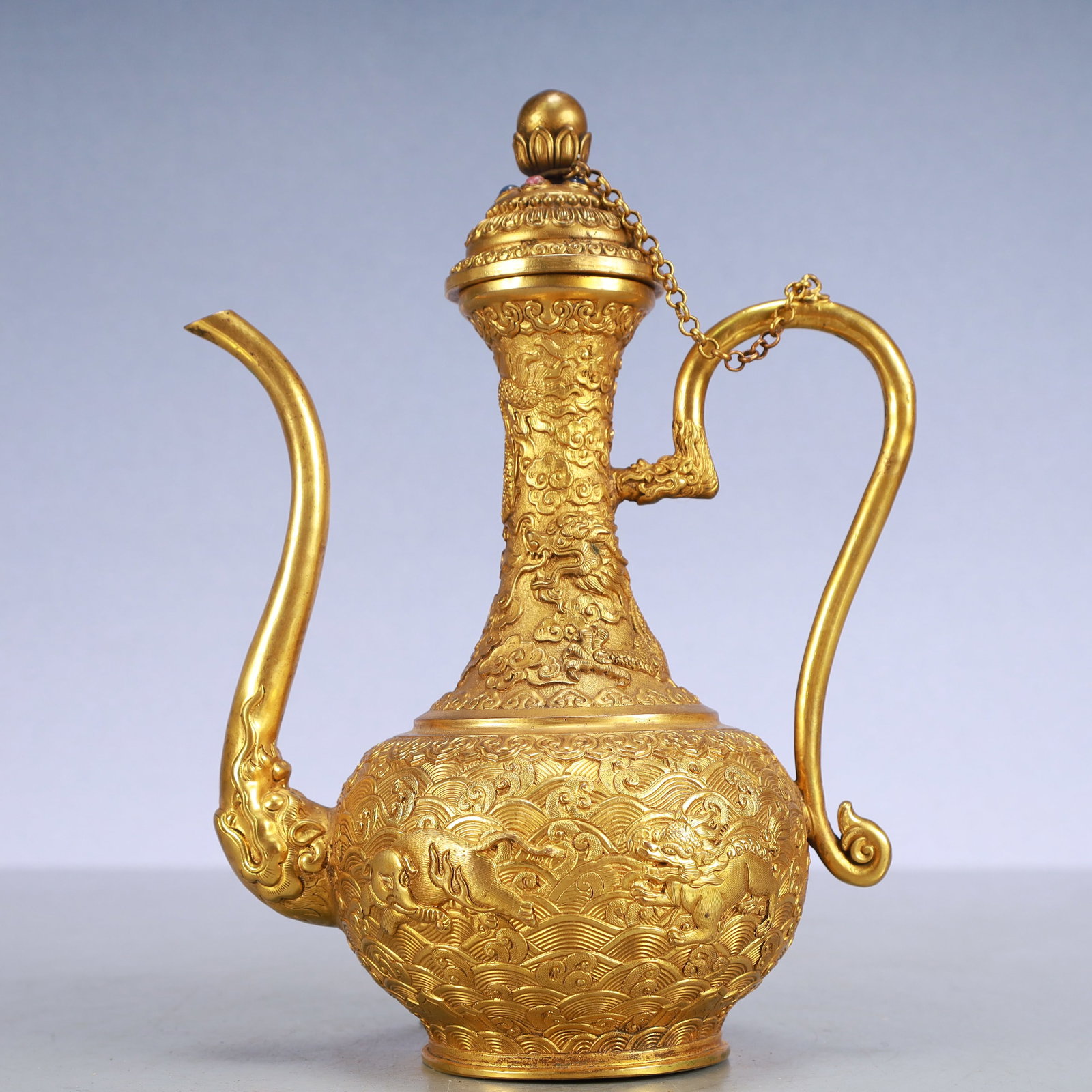 A Exquisite Gilt Bronze Dragon Pattern Seawater Pattern Auspicious Beast Pattern Ewer - 6