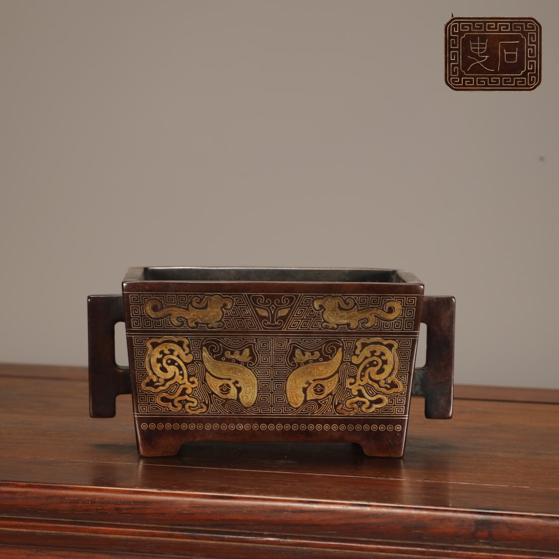 An Exquisite Gilt Bronze Inlaid Silver Beast-Face Pattern Double-Ears Four Legs Censer: An Exquisite Gilt Bronze Inlaid Silver Beast-Face Pattern Double-Ears Four Legs Censer,Ming