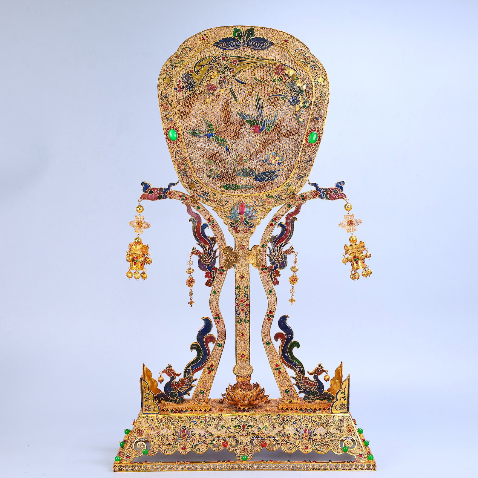 A Huge Filigree and Gilding Inlaid Gems Blueing Flower and Bird Pattern Fan,With Base: A Huge Filigree and Gilding Inlaid Gems Blueing Flower and Bird Pattern Fan,With Base,Qing Dynasty,China,Qianlong Four-character