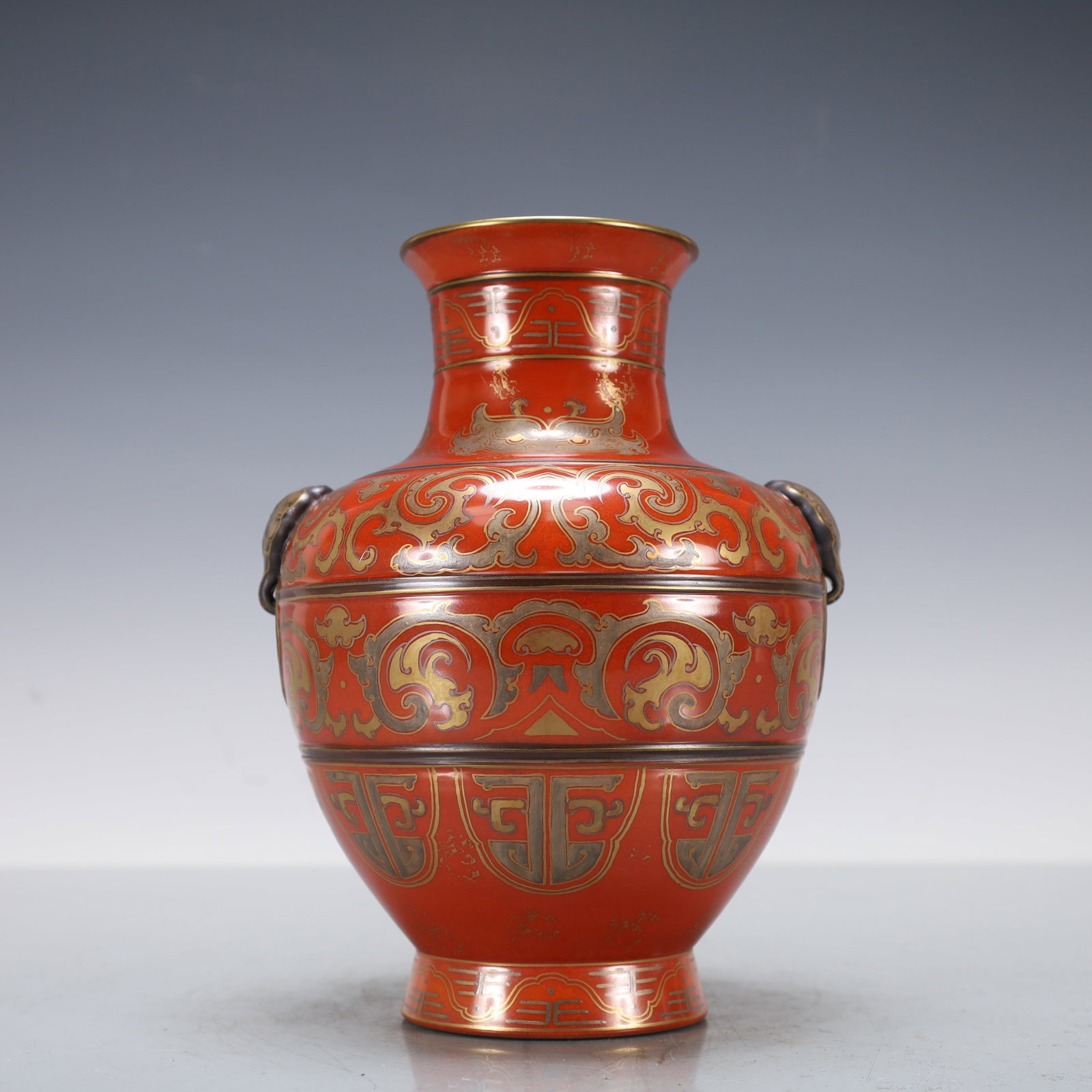 Gutong Glazed Outline in gold Phoenix Pattern Double-Ears Vase: Gutong Glazed Outline in gold Phoenix Pattern Double-Ears Vase Qing Dynasty, China Qianlong Six-character Mark