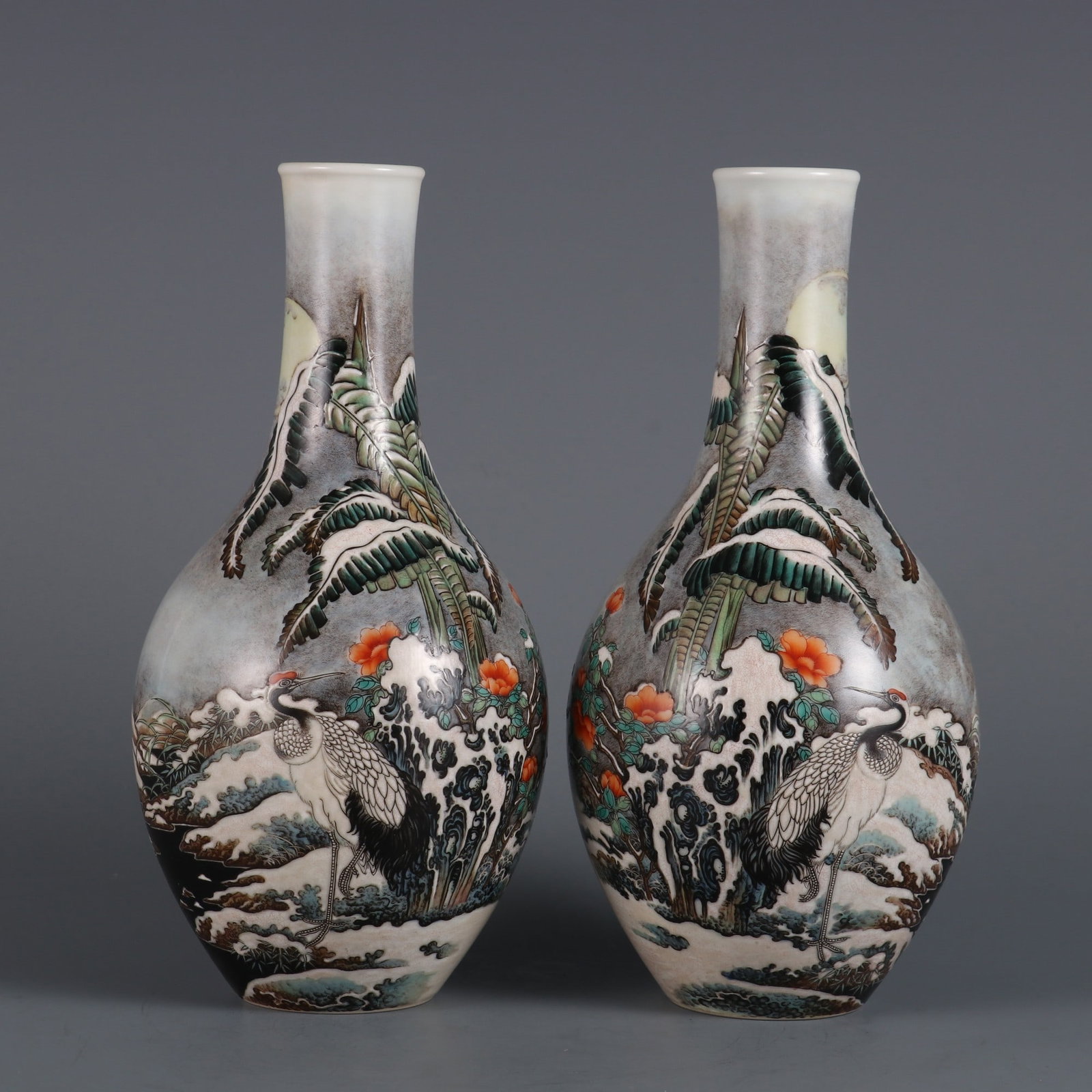 A Pair of Exquisite Famille-Rose Snowscape and Crane Pattern Vases,With Poem: A Pair of Exquisite Famille-Rose Snowscape and Crane Pattern Vases,With Poem,Qing Dynasty, China,Yongzheng Four-character